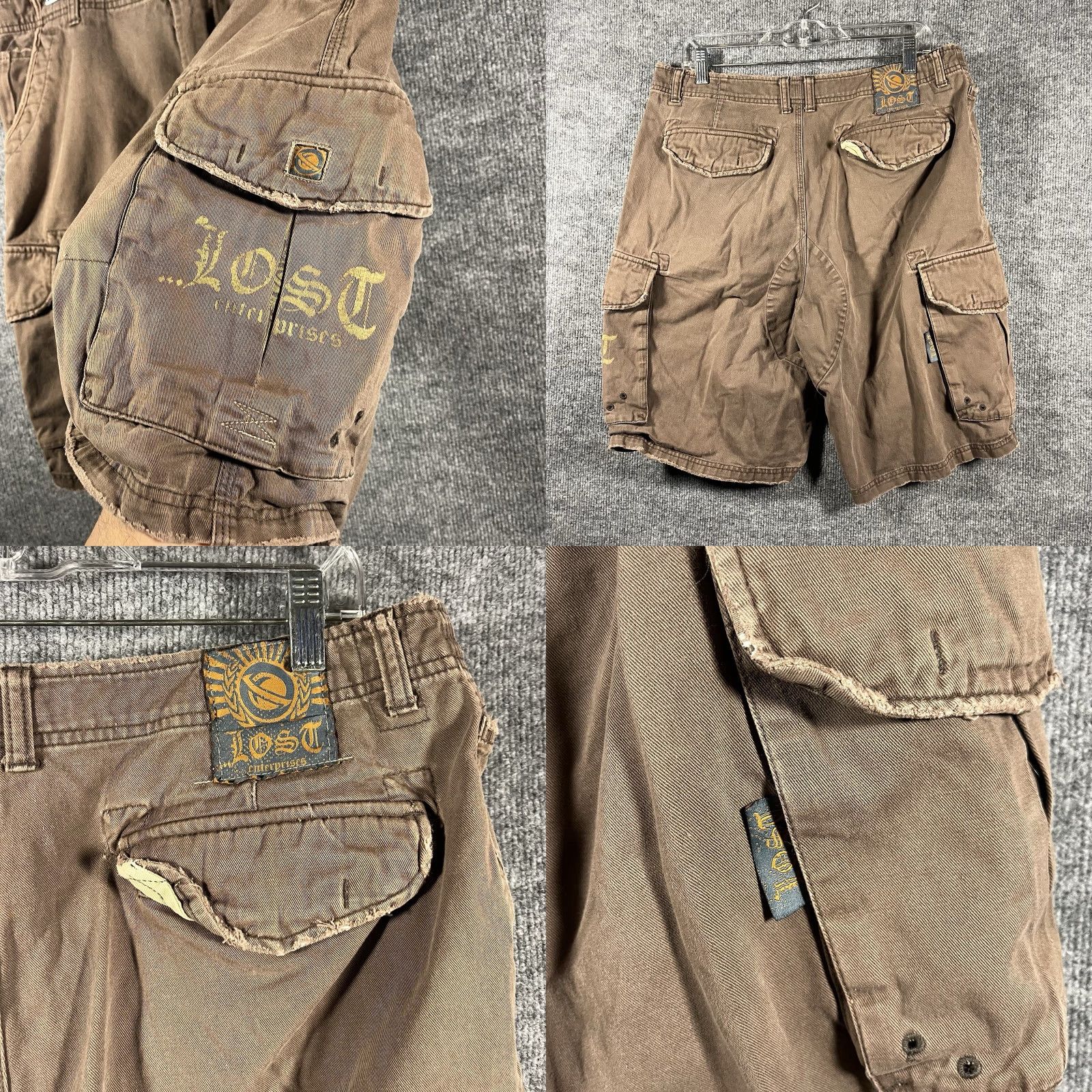 Vintage VINTAGE Lost ENTERPRISES Cargo Shorts Mens 33 Brown Cotton Ripstop 90s Baggy Pockets Adjustable Waist Baggy Mens Size US 33 - 8 Thumbnail