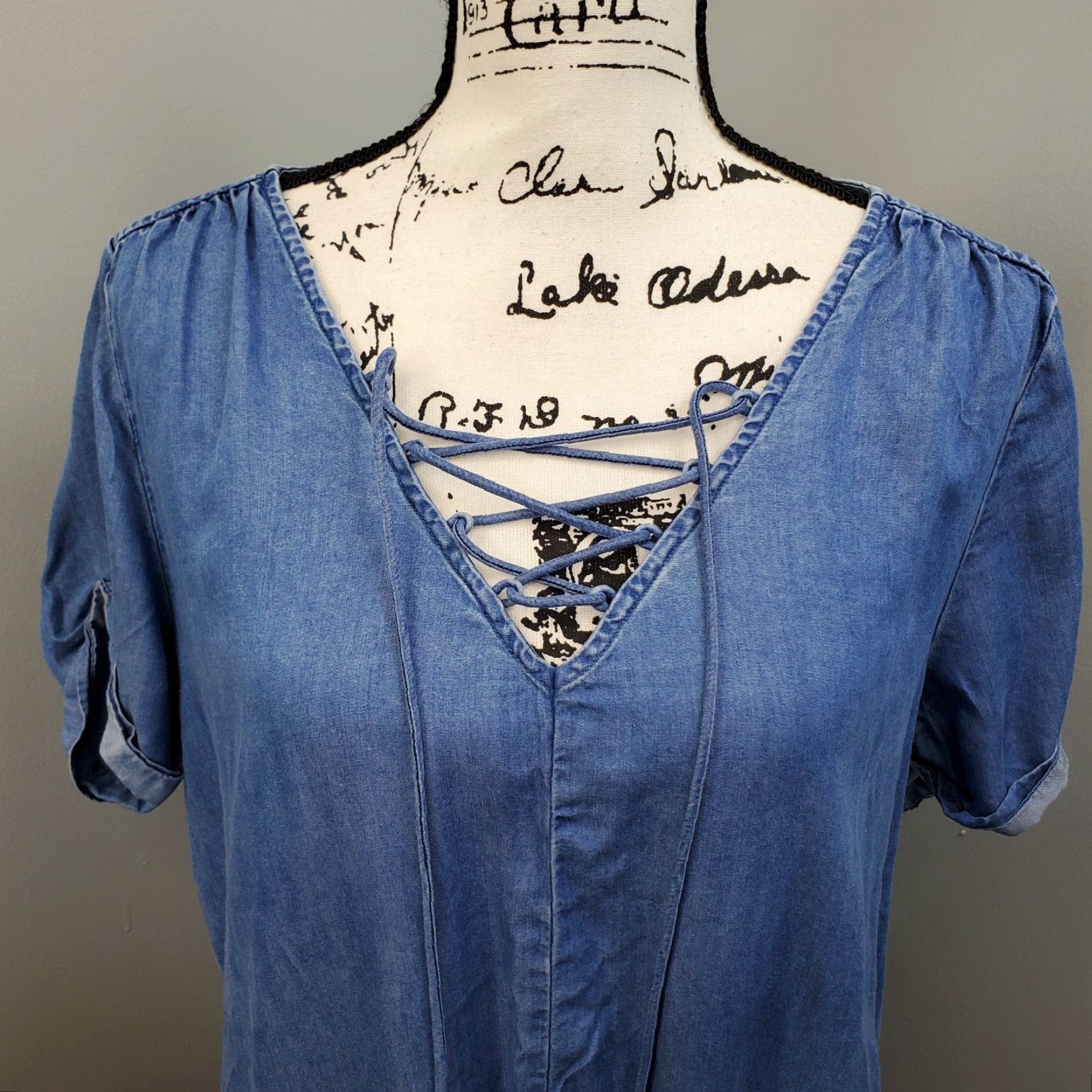 Lucky Brand Lucky Brand Shirt Dress Womens L Blue Lyocell Short Sleeve Lace Up V Neck Size L / US 10 / IT 46 - 3 Thumbnail