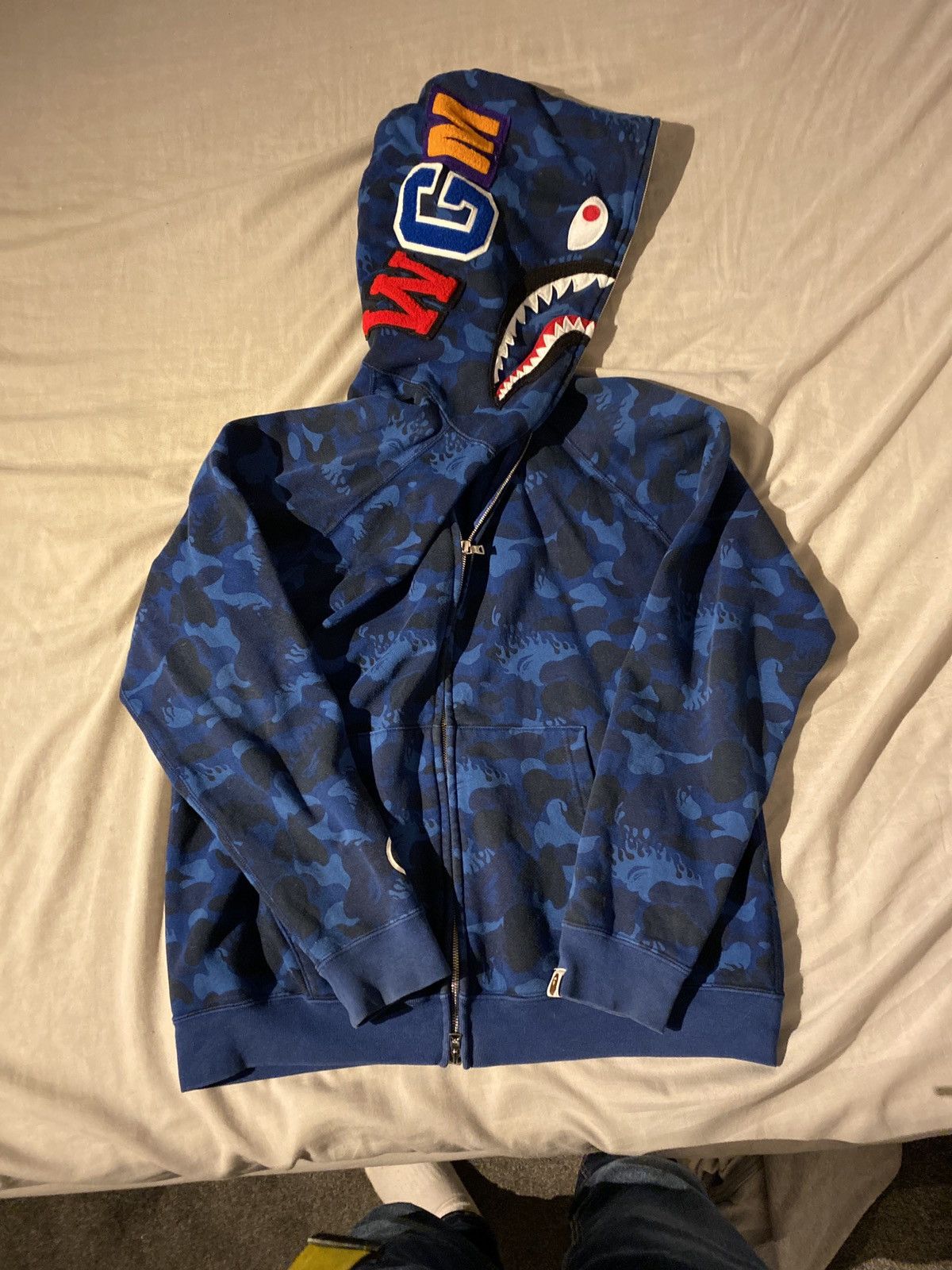 Image of Bape Fire Camo Shark Full Zip Hoodie in Blue, Men's (Size Medium)