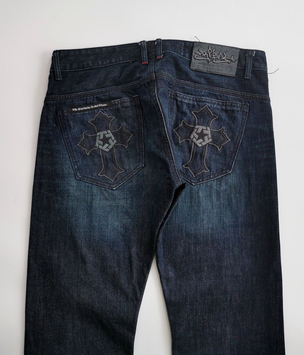 Tribal Streetwear Vintage Tribal Cross Embroidery Dark Blue Denim Jeans Size US 33 - 9 Thumbnail