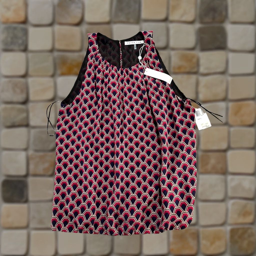 Trina Turk Trina Turk Blouse Top Womens Large Multicolor Hexagon Print Silk Square Neck New Size L / US 10 / IT 46 - 1 Thumbnail