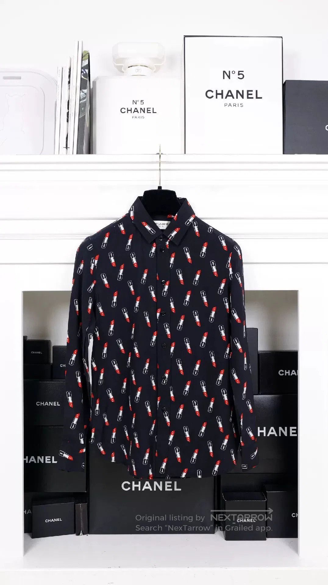 Saint Laurent Paris YSL Dark Blue Lipstick Print Shirt. Size XS / US 0-2 / IT 36-38 - 1 Thumbnail