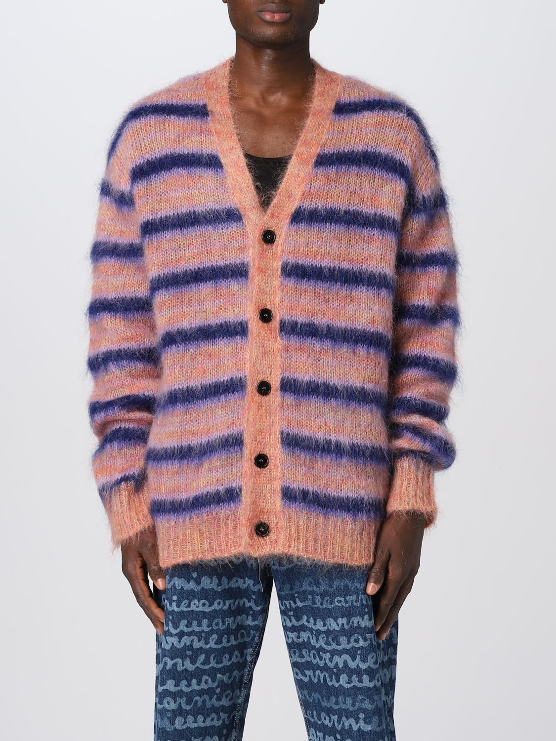 Marni Iconic Mohair fuzzy Brushed Stripes Cardigan V Neck