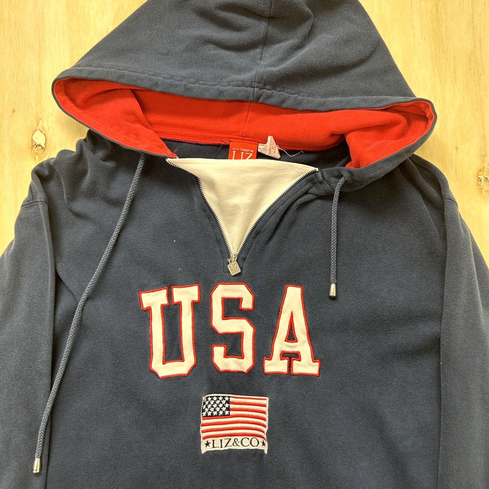 CO Vintage Liz & Co. Hoodie Womens Small Blue USA Flag Fleece 1/4 Zip Sweatshirt Size S / US 4 / IT 40 - 2 Thumbnail