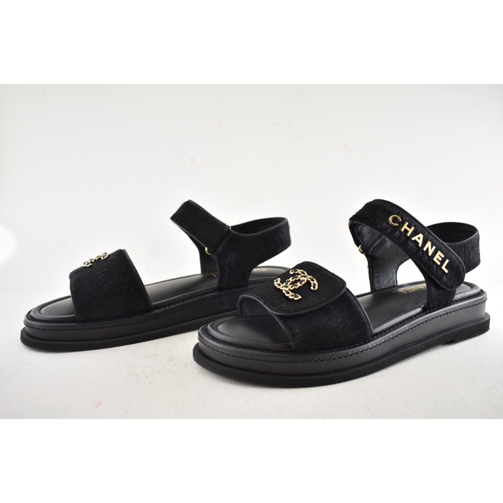 Chanel Chanel 24B Black Calf Hair Gold CC Logo Flat Dad Sandal 36 Size US 5 / IT 35 - 14 Thumbnail