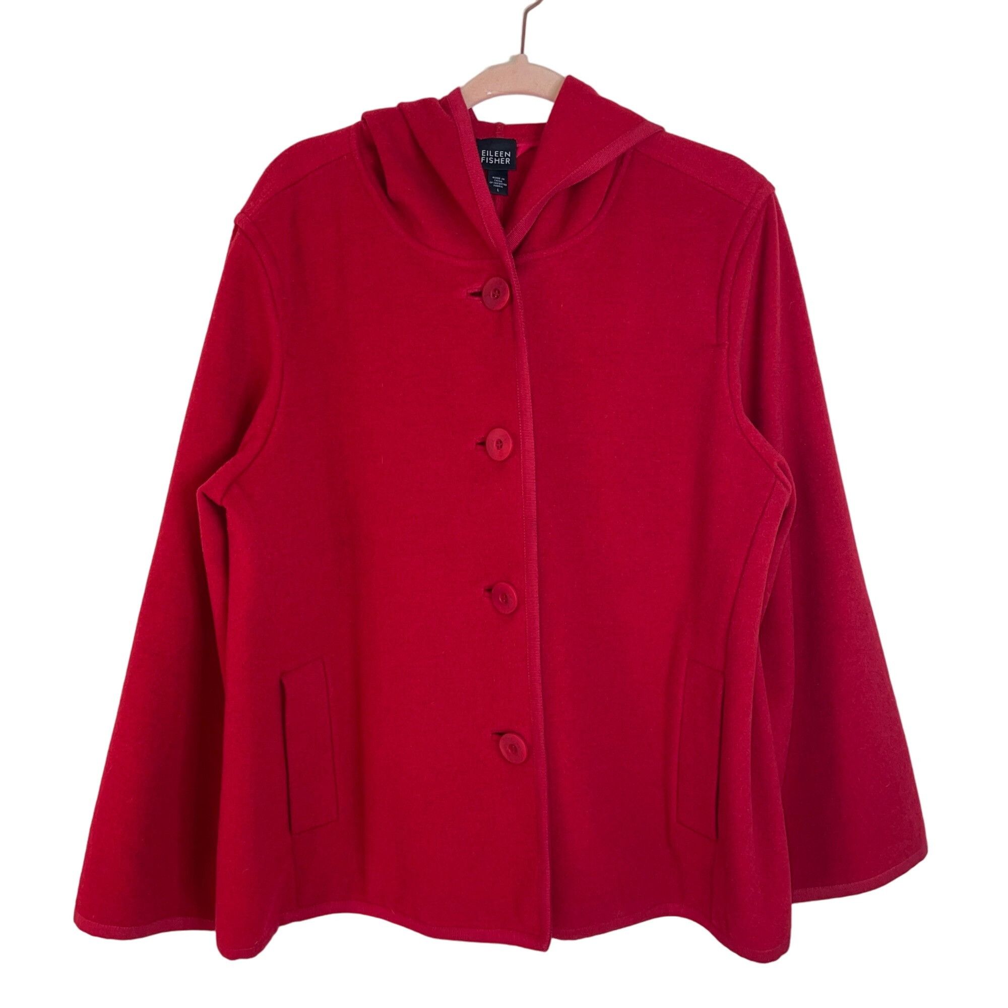 image of Eileen Fisher Womens Hooded Jacket Size Large Red Melton