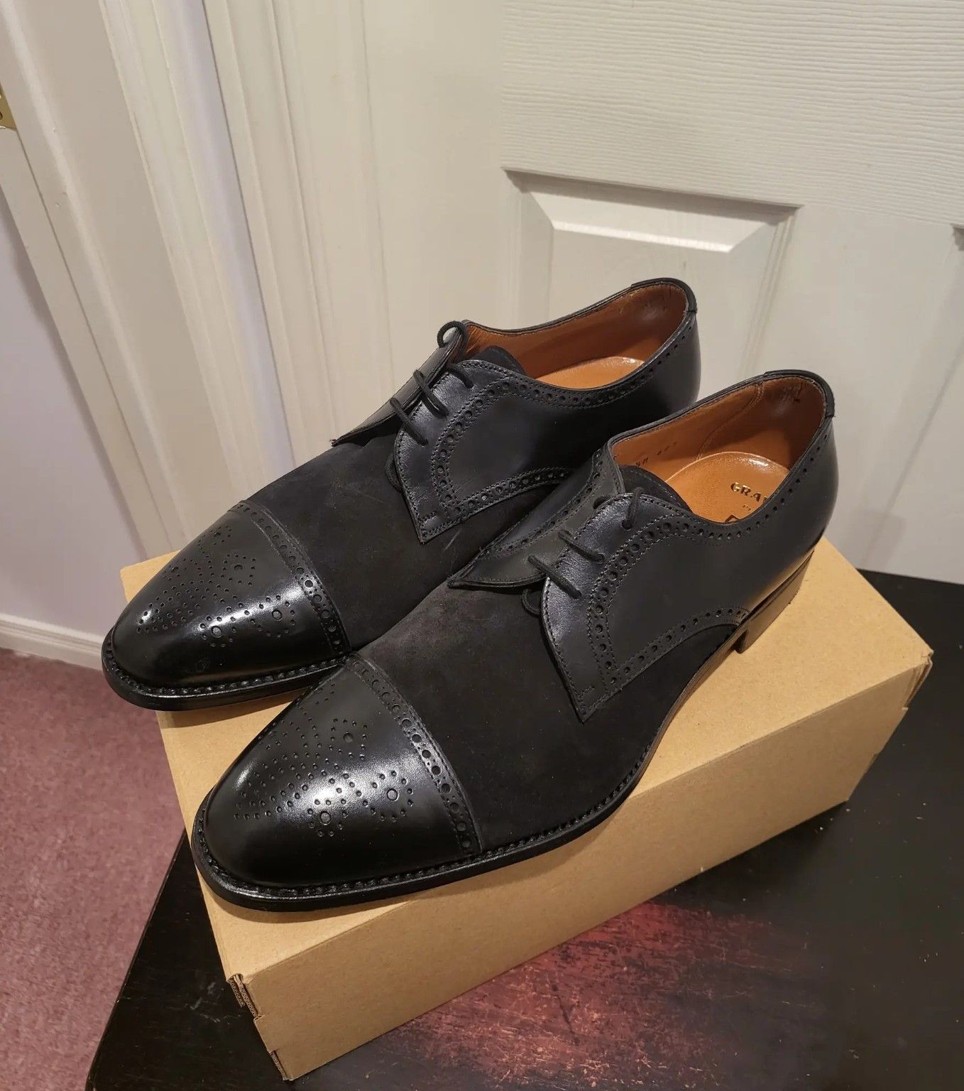 Designer Davis Leather & Suede Oxford Wingtip Shoes in Black, Men's (Size 9.5)