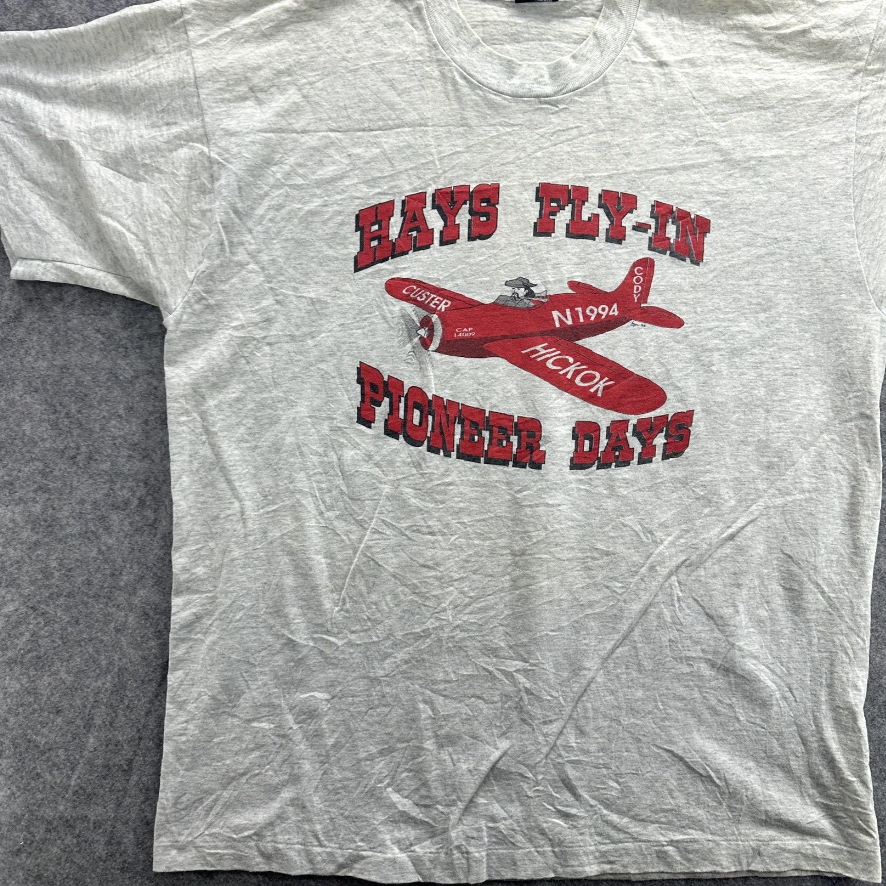 Fruit Of The Loom VINTAGE Hays Fly-In Pioneer Days Shirt Mens XL Gray Graphic Print 90s Airplane USA Size US XL / EU 56 / 4 - 4 Thumbnail