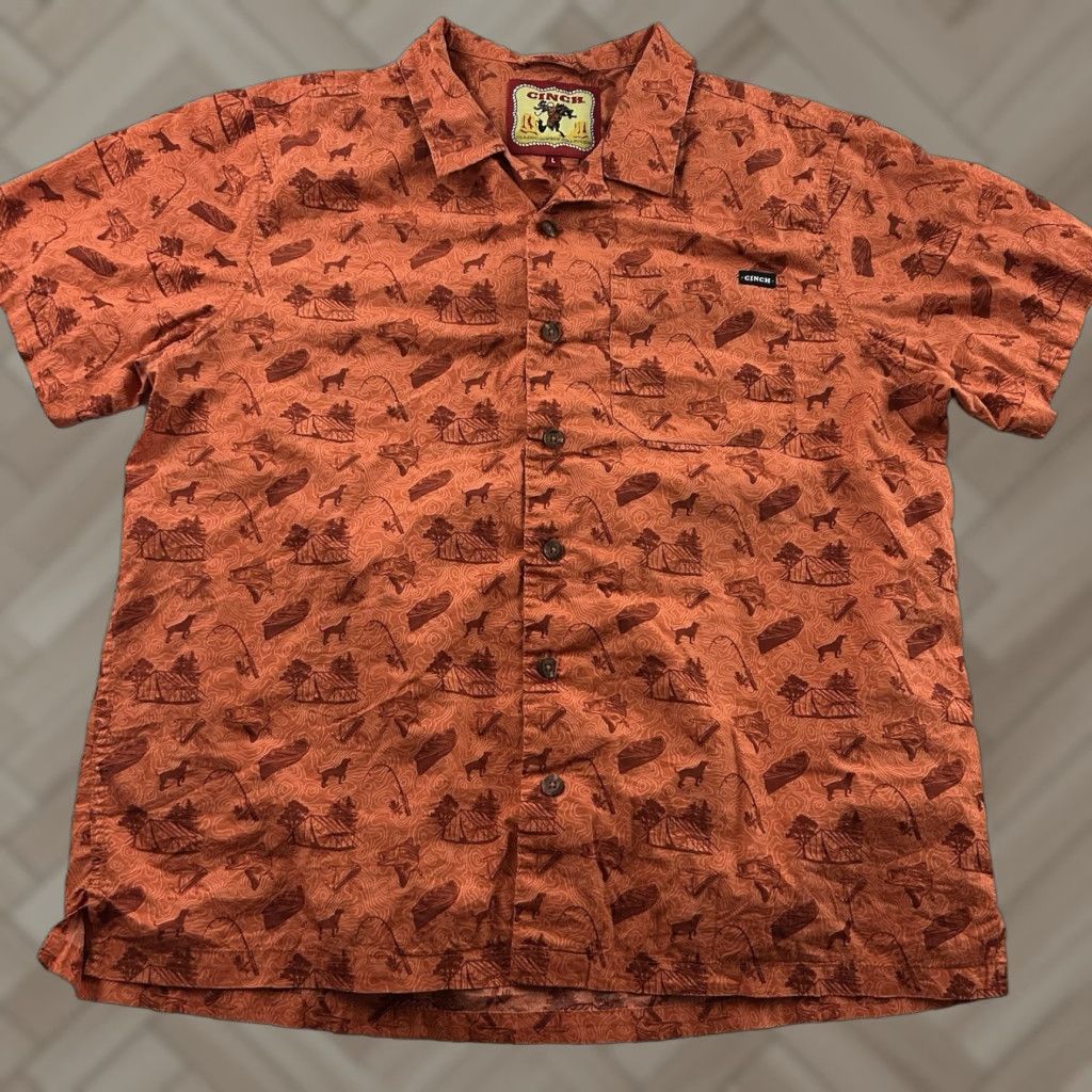Gloverall CINCH Shirt Short Sleeve Western All Over Print Button Front Men's Large Orange Size US L / EU 52-54 / 3 - 1 Thumbnail