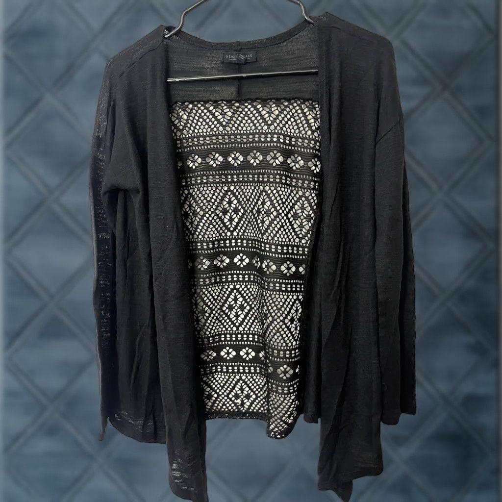 Aeropostale Aeropostale Cardigan Sweater Womens Small Textured Open Knit Open Front Black Crew Neck Open Size S / US 4 / IT 40 - 1 Thumbnail