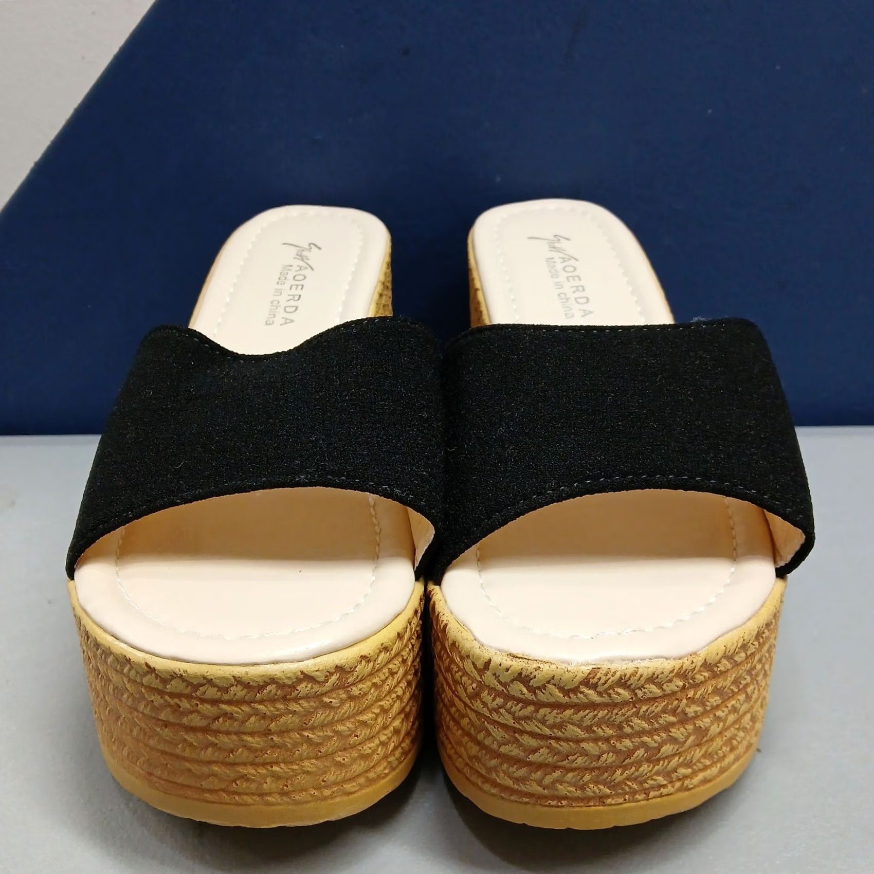 Vintage Shdy AOERDA Platform Espadrille Sandals Womens US 9 Tan & Black Open Toe Slip On Shoes Size US 9 / IT 39 - 2 Thumbnail