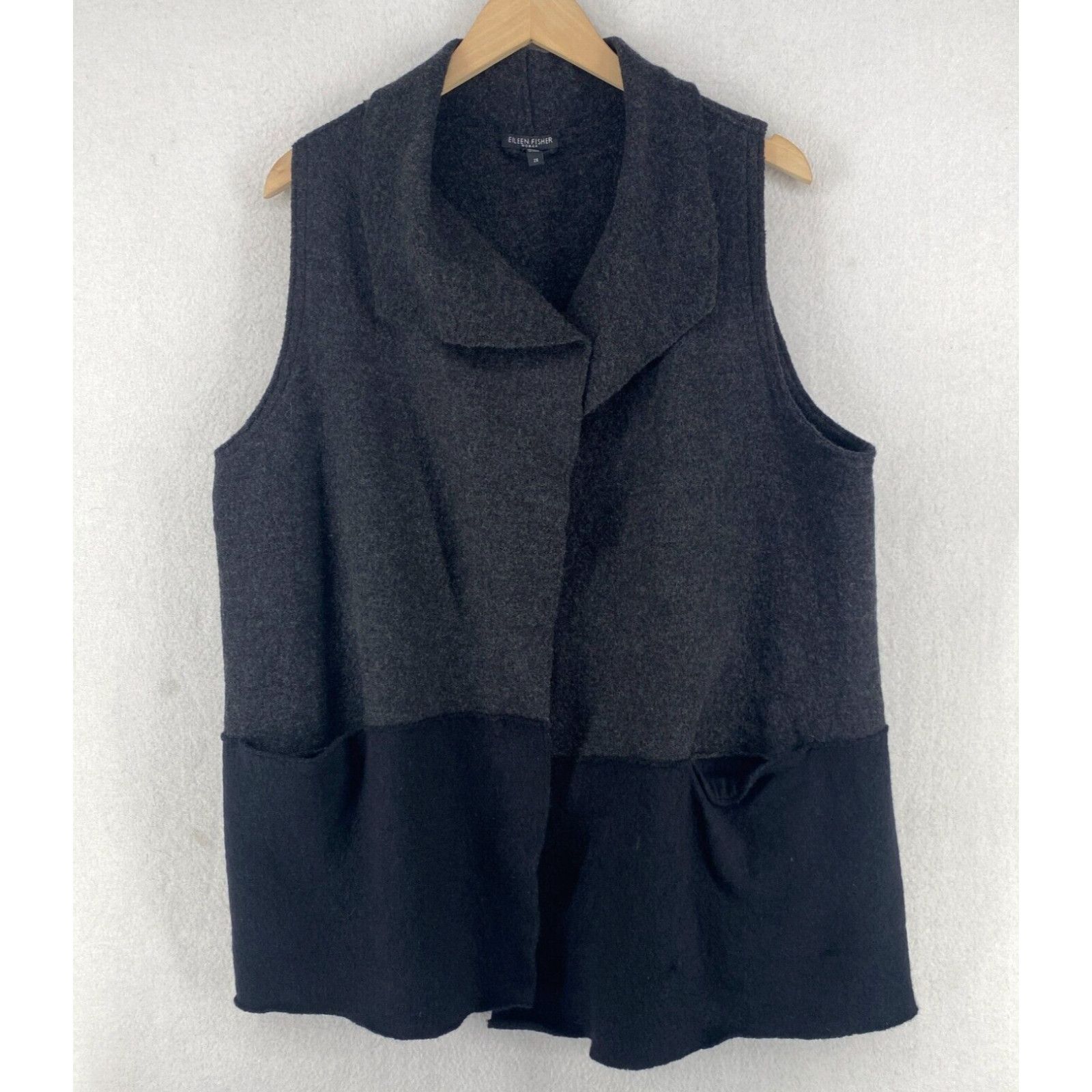 image of Eileen Fisher Sweater 2X Boiled Wool Colorblock Shawl Open Front Vest Gray Black in White, Women's 