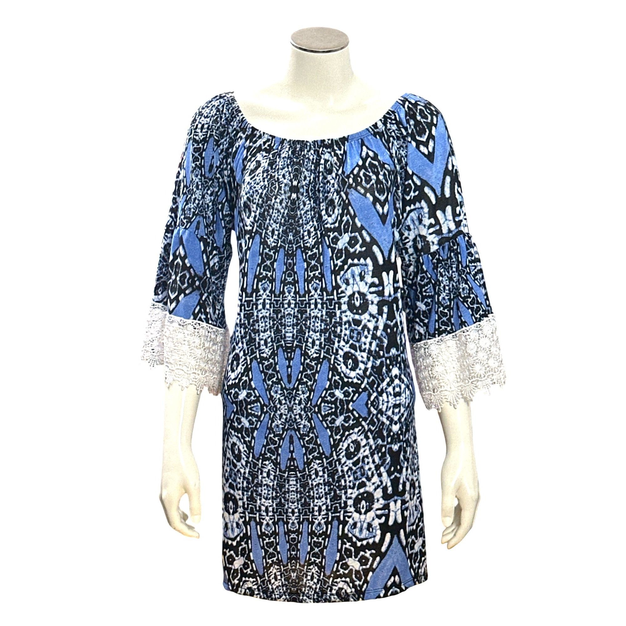 Other CCC Blue Black Print Off Shoulder Tunic Dress Lace Bell Slee Size XL / US 12-14 / IT 48-50 - 3 Thumbnail