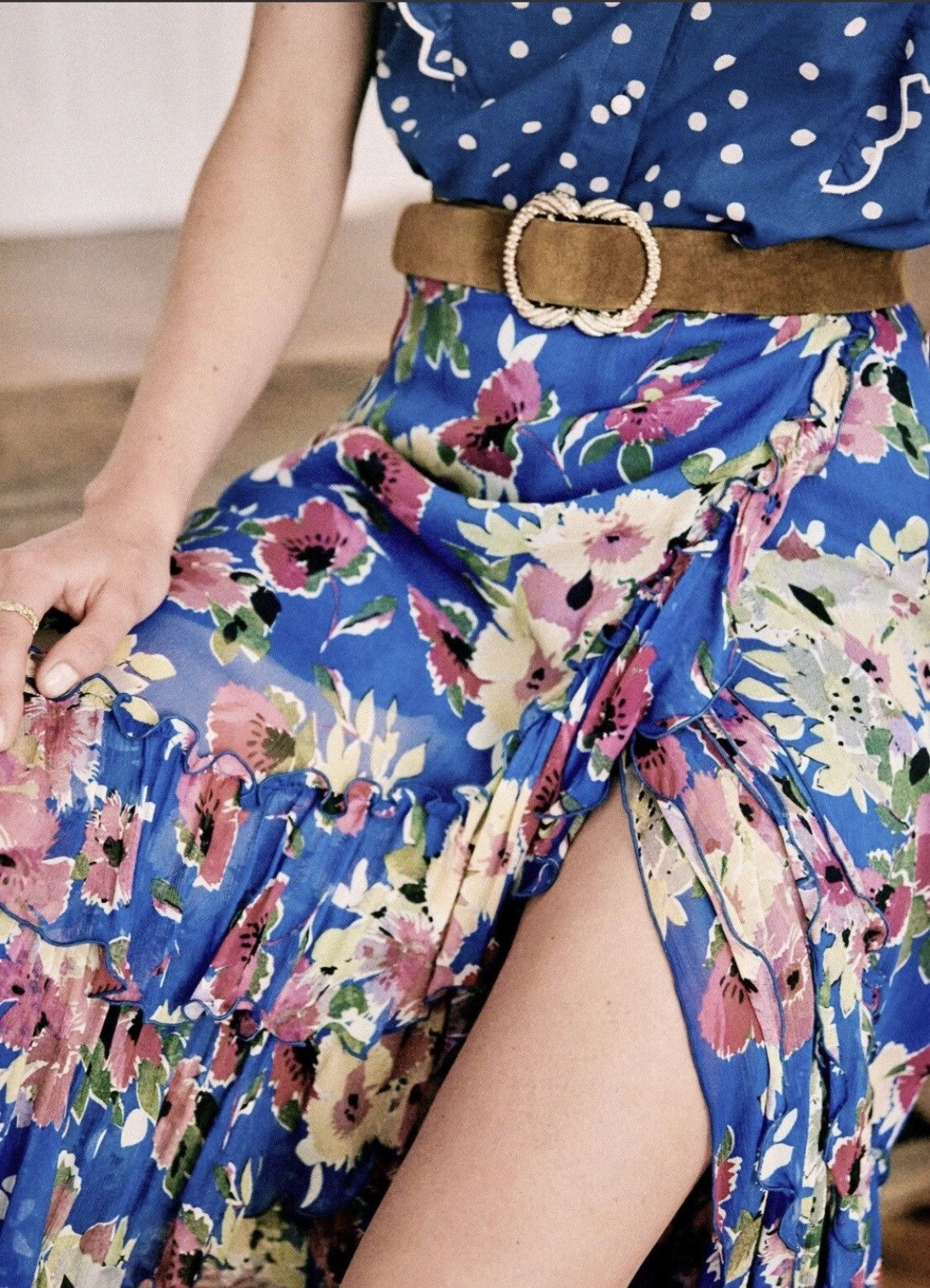 Sezane Sezane skirt jupe Carmella blue ruffle floral maxi skirt Size 30" / US 8 / IT 44 - 2 Thumbnail