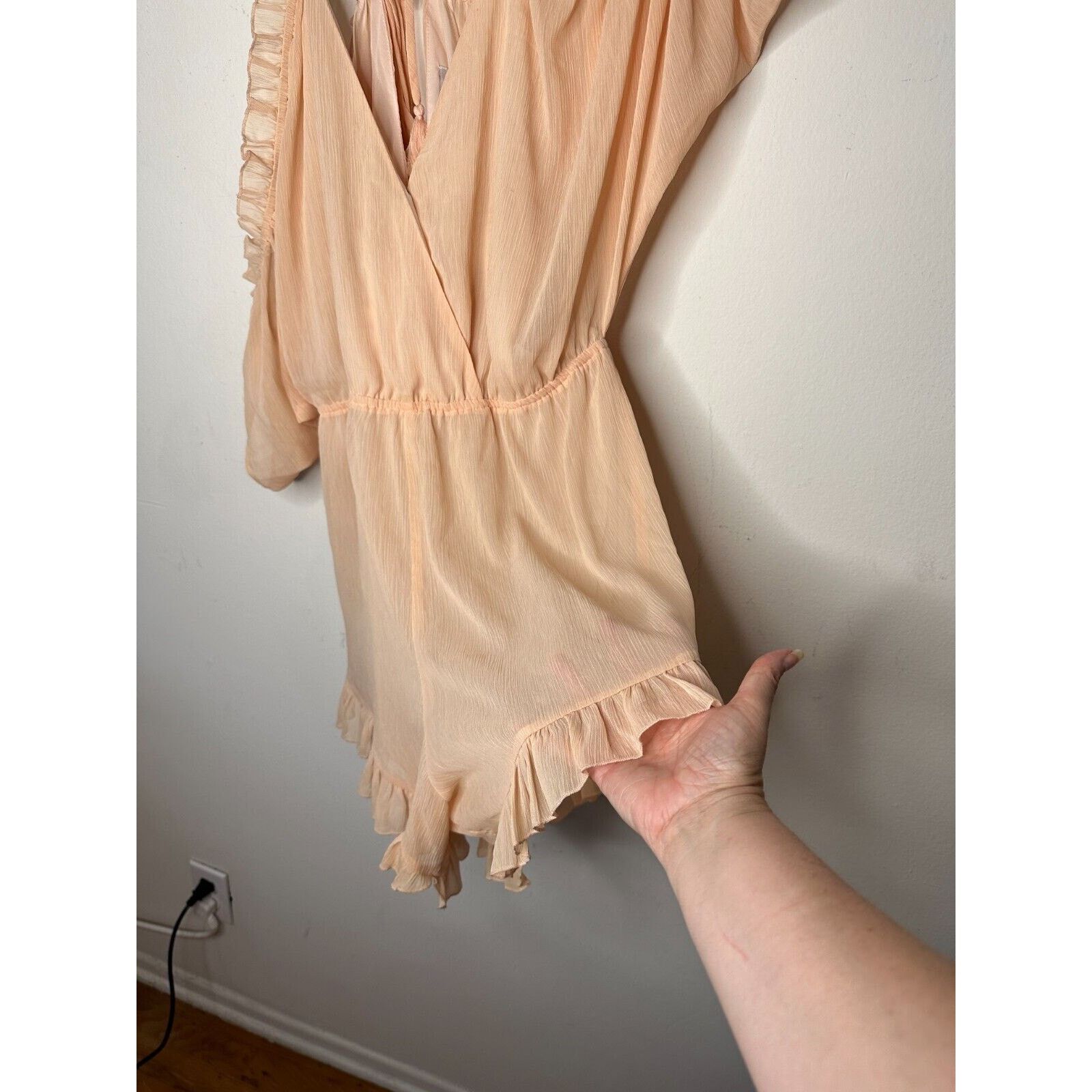 Other Lovers + Friends Peach Ruffle Cold Shoulder Open Back Romper Size L / US 10 / IT 46 - 3 Thumbnail