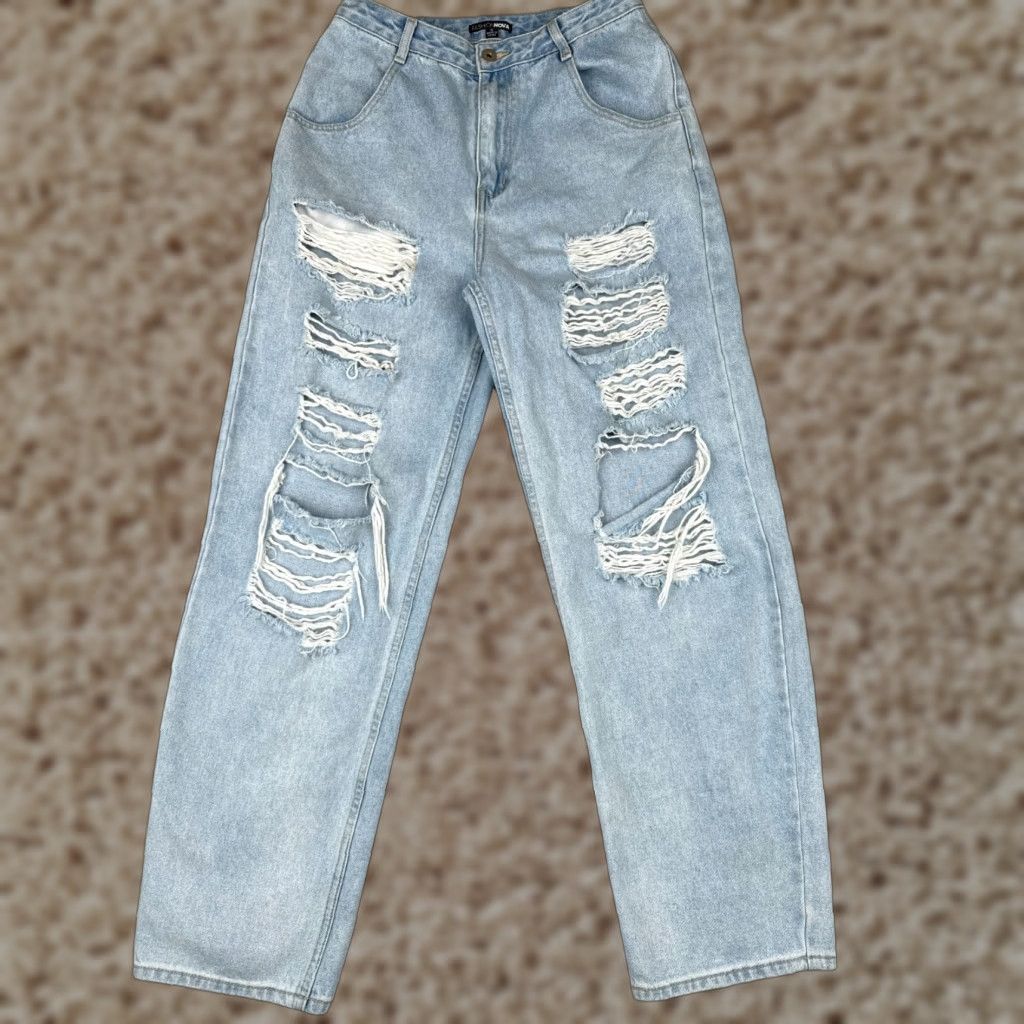 Fashion Nova Fashion Nova Jeans Juniors 9 Blue Denim Jeans Wide Leg Distressed Cotton 28x31 Jeans Women Boys Girls Mens Size 30" / US 8 / IT 44 - 1 Thumbnail