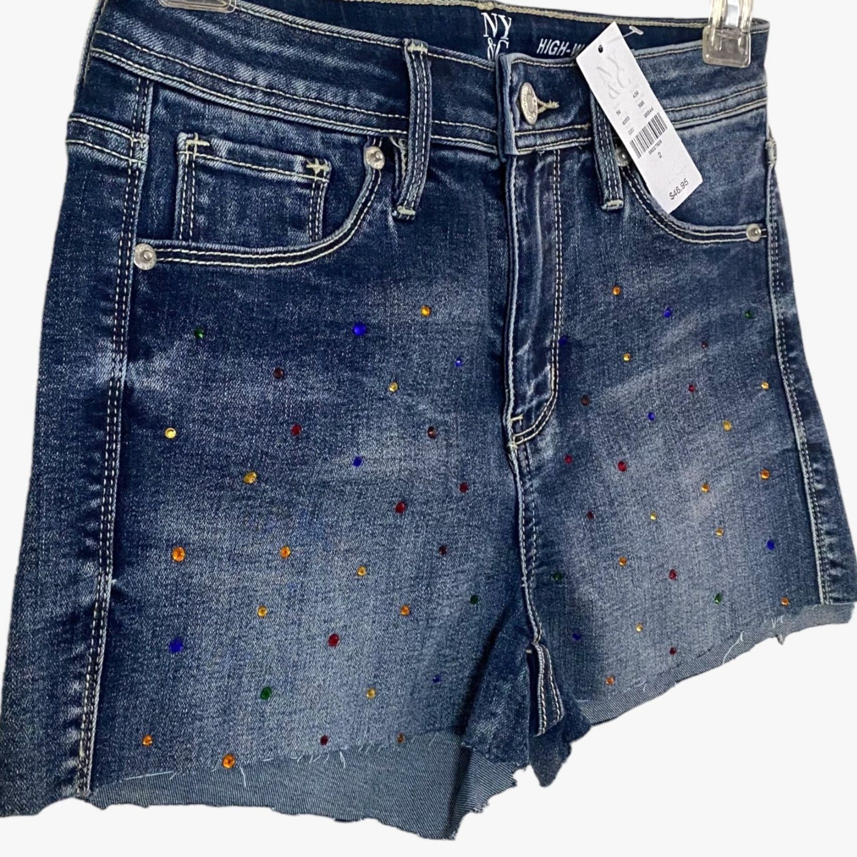Vintage VINTAGE New York & Co. Lexi Women's Denim Shorts High-Waisted 2 Blue Rhinestone Cut-Off 5-Inch Pockets Size 26" / US 2 / IT 38 - 3 Thumbnail