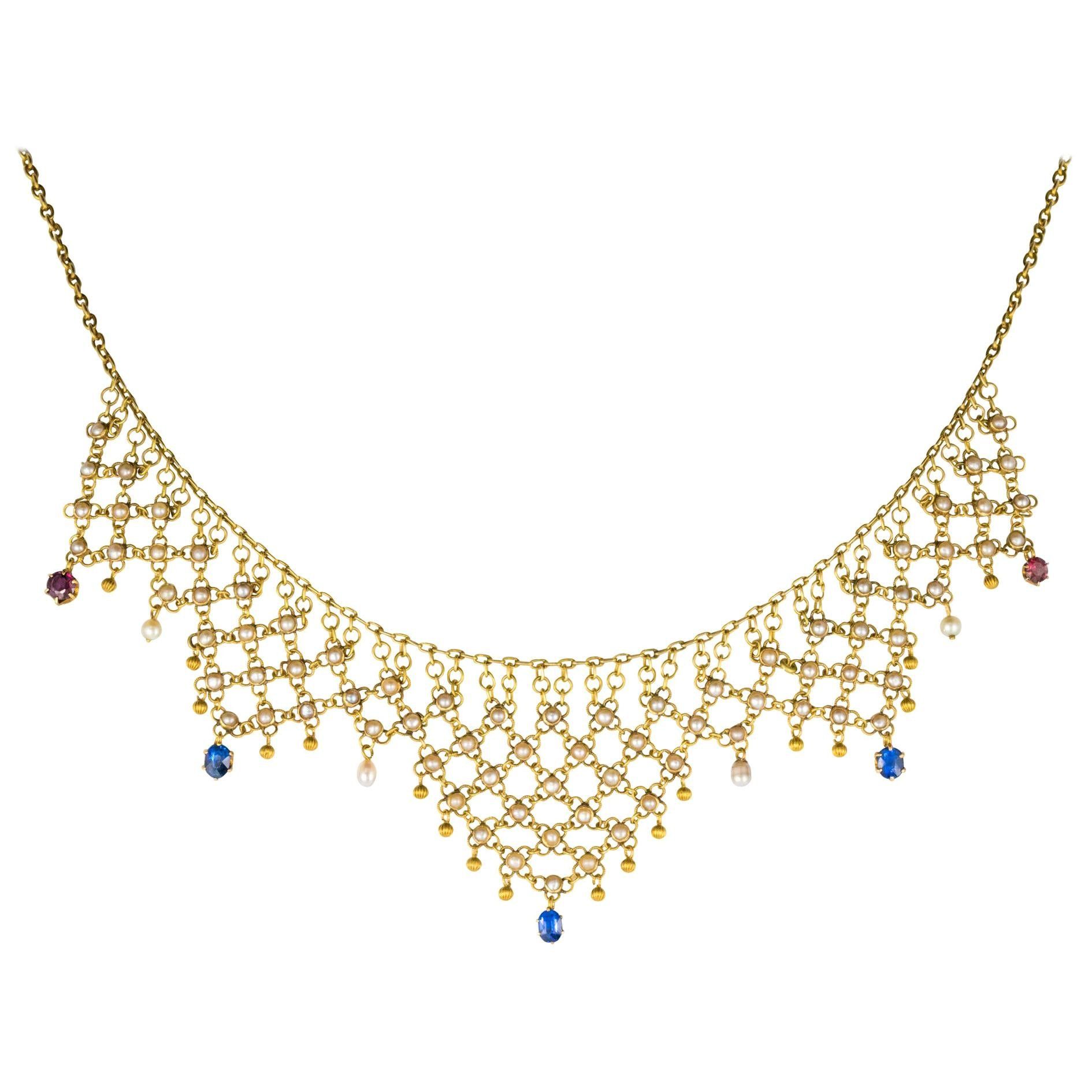 image of Vintage French Antique Openwork Pearl Sapphire Ruby Gold Necklace, Women's