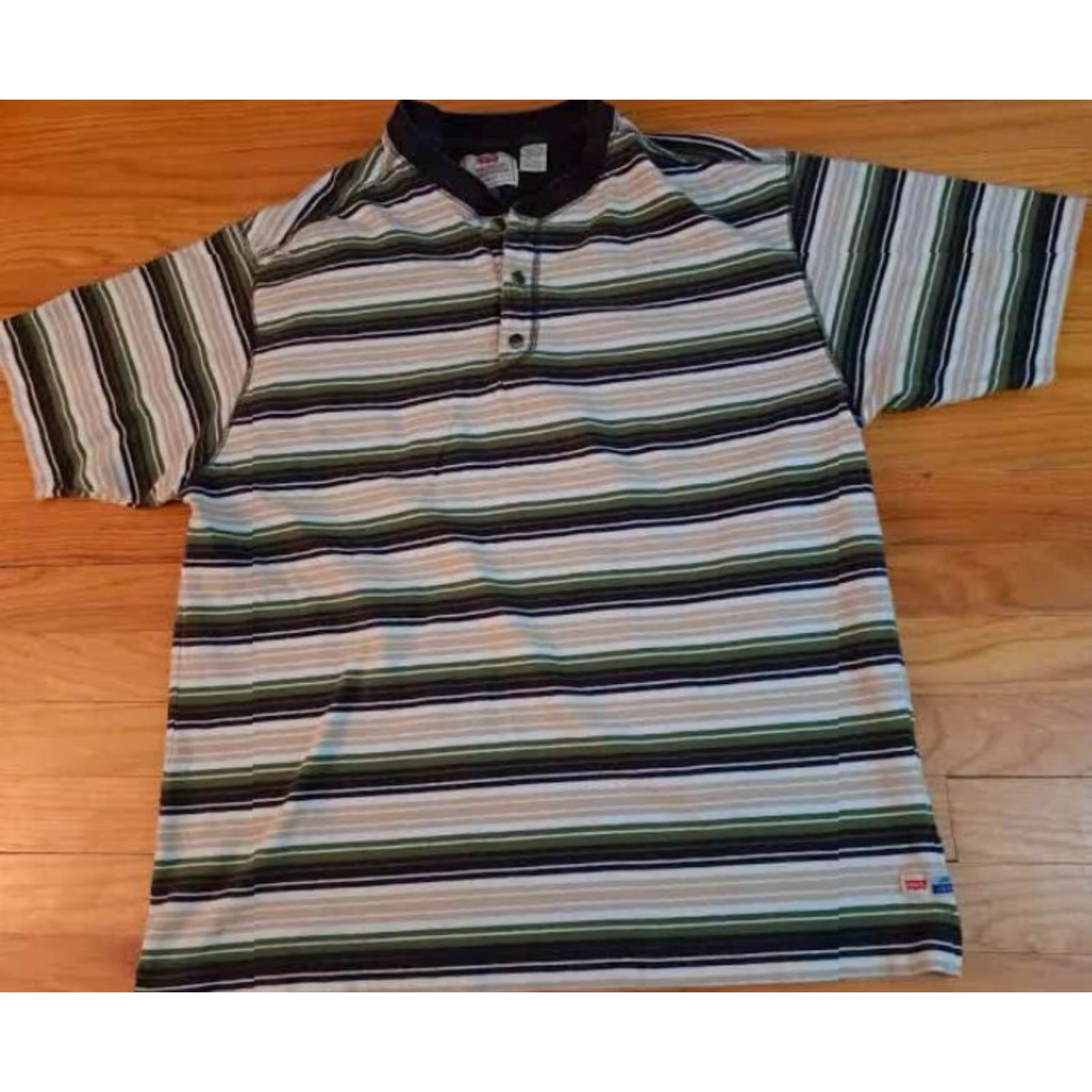 Levi's VINTAGE Levi's Shirt USA Cotton Striped Button-Up XL Unisex Adults Short Sleeve Green Black Tan 27in 23in pit to pit X-Large Size US XL / EU 56 / 4 - 2 Thumbnail