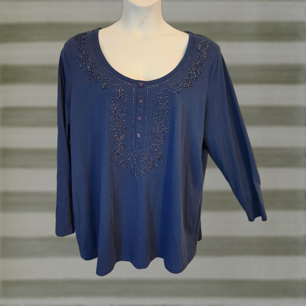 Vintage Falls Creek Blue Henley Embroidered Trim Long Sleeve Casual Shirt 4X Plus Womens Size XXL / US 16-18 / IT 52-54 - 1 Thumbnail