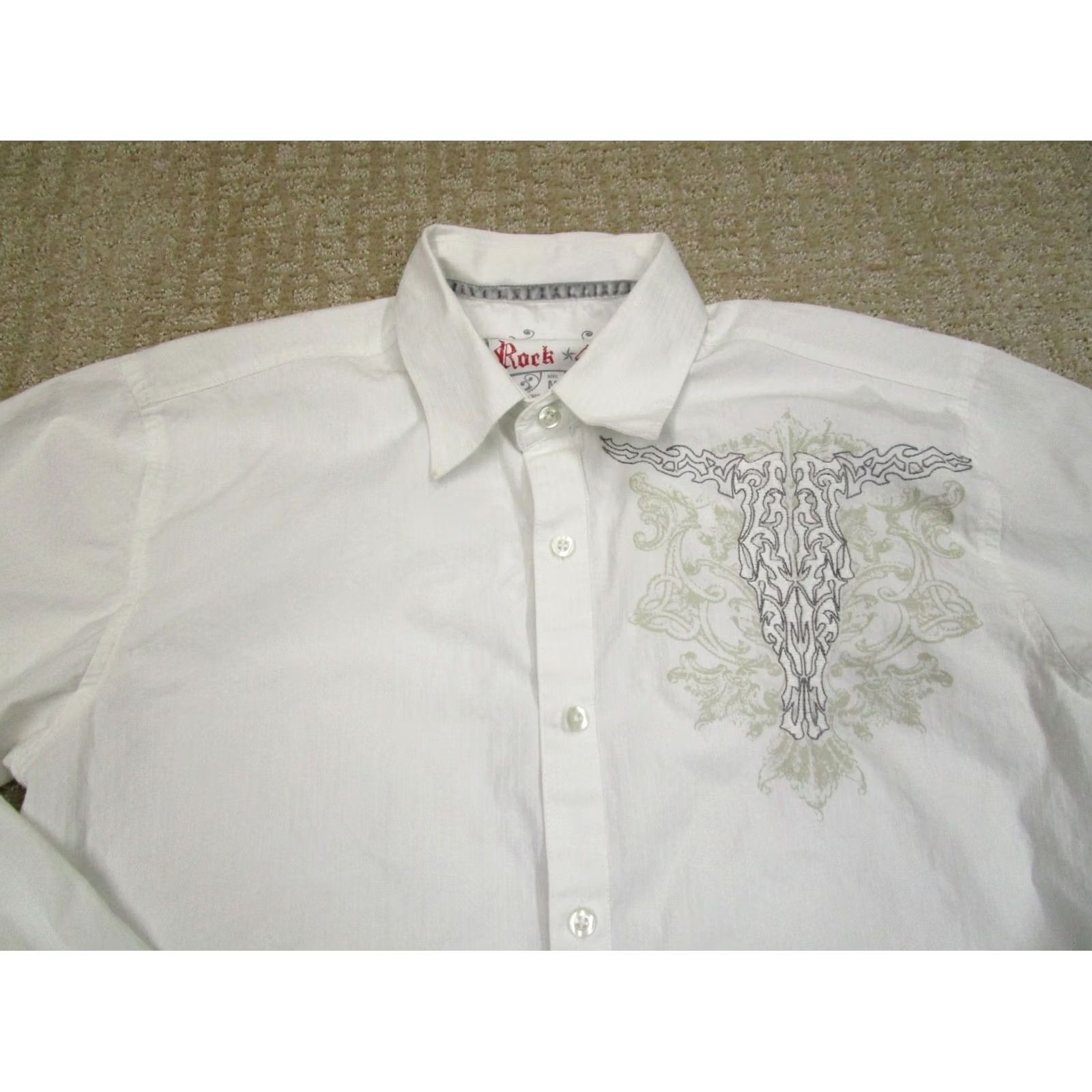 Wrangler Wrangler Rock 47 Shirt Men Medium White Embroidered Western Cowboy Rock 47 Theme, Button-Up, Long Sleeve, Cotton, Solid Pattern, Casual Mens Shirt Size US M / EU 48-50 / 2 - 2 Thumbnail