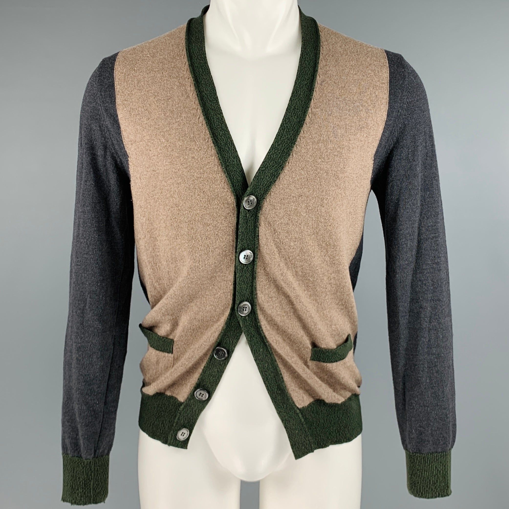 image of Golden Goose Brown Grey Color Block Merino Wool Cotton Vneck Cardigan, Men's (Size Medium)