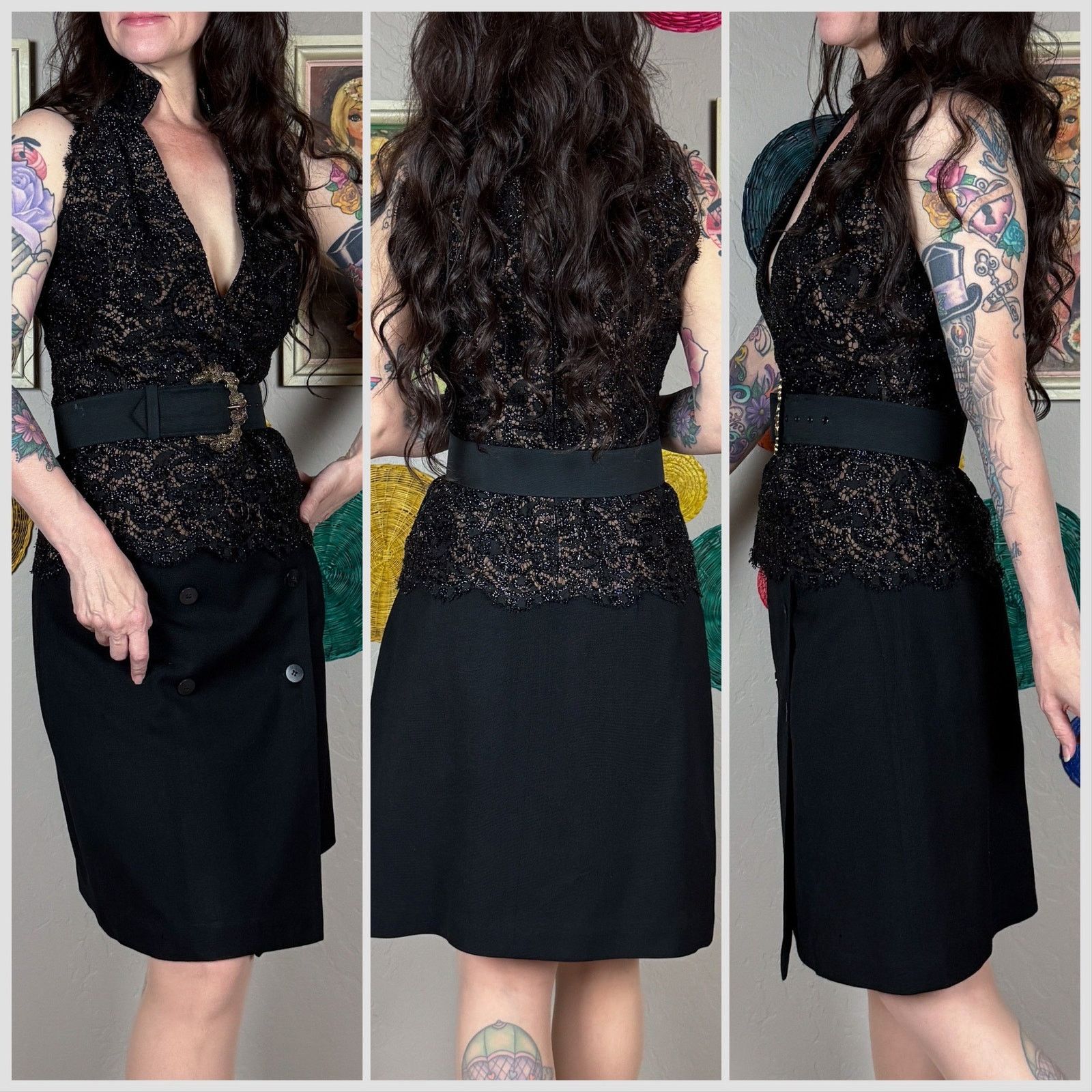 Handmade × Vintage 1970s Black Floral Lace Overlay Sleeveless V-Neck Top Size M / US 6-8 / IT 42-44 - 2 Thumbnail