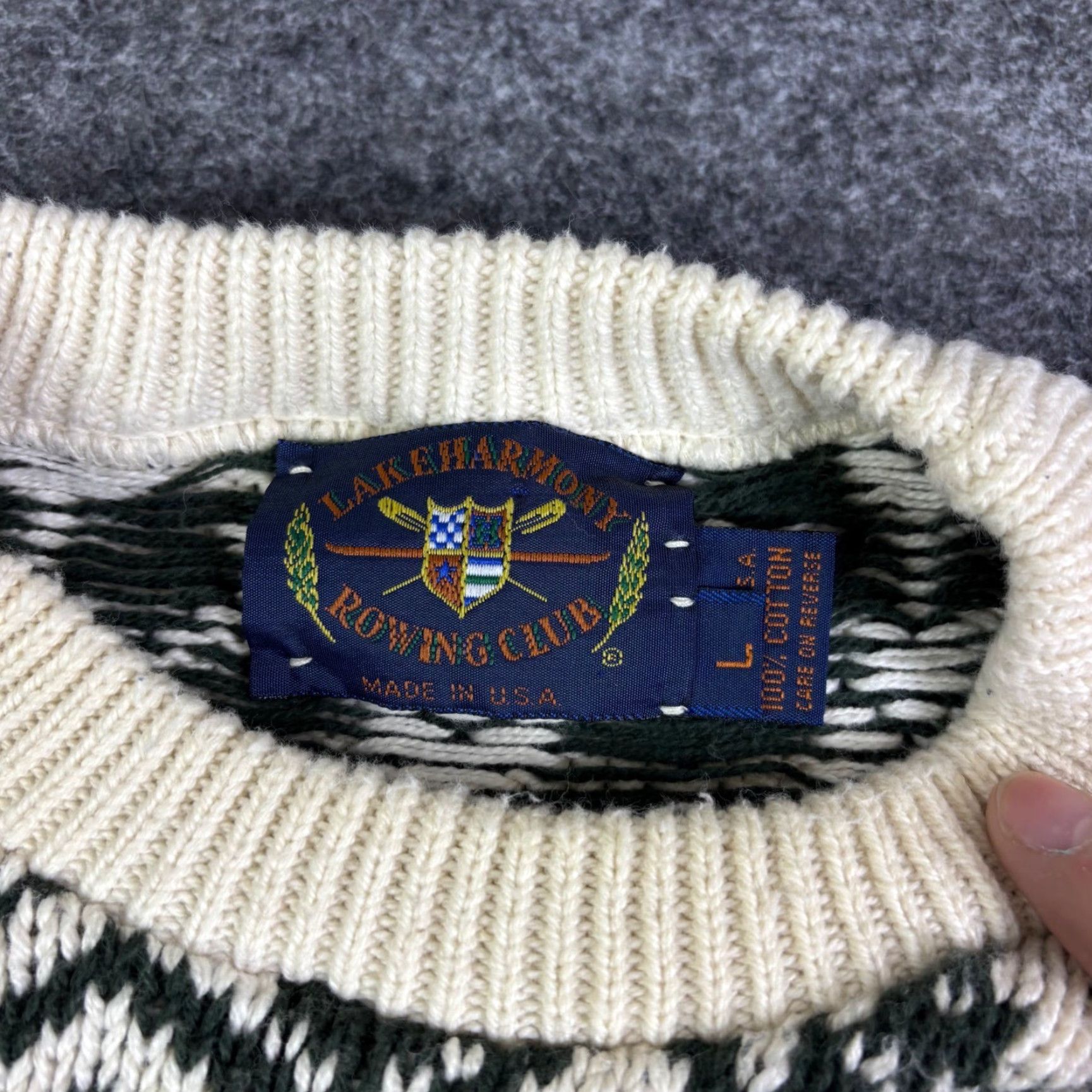 Harmony VINTAGE Lake Harmony Rowing Club Fair Isle Sweater Cream Navy Green Burgundy Size Large Men Crew Neck Knit Sweat er Pullover Winter Fall Size US L / EU 52-54 / 3 - 5 Thumbnail