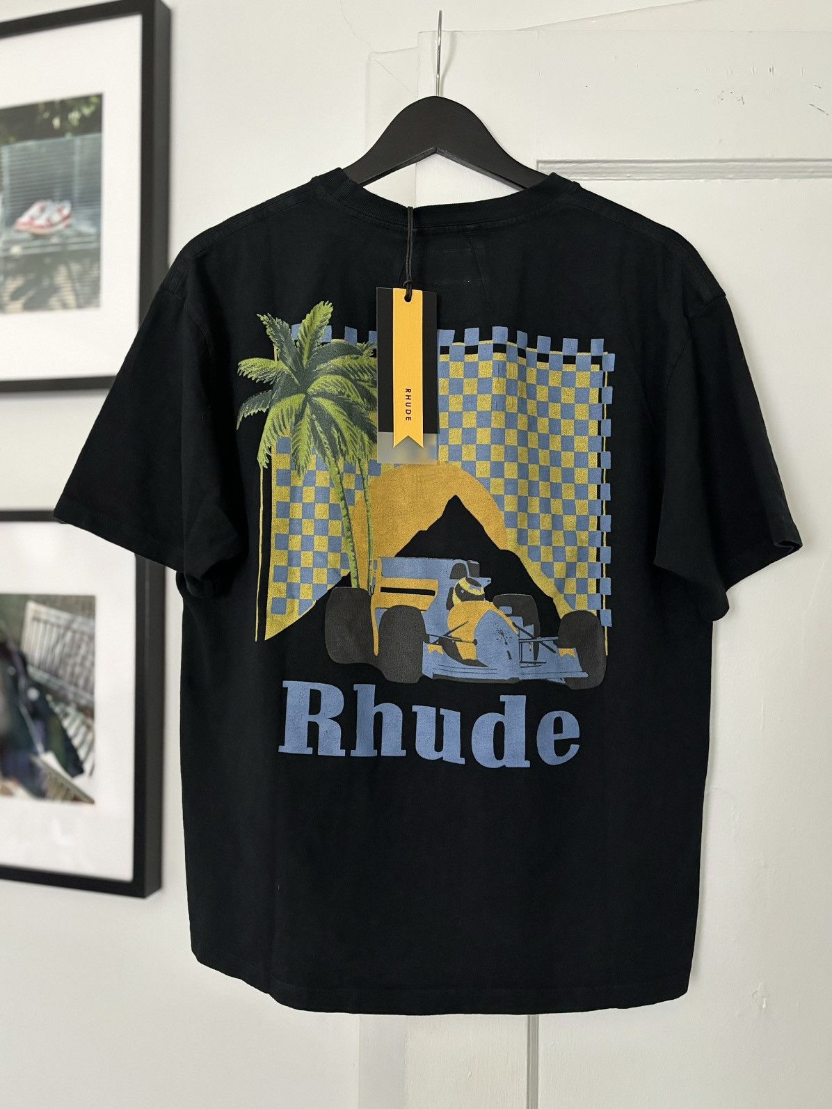 Image of Rhude Racing F1 Palm Tree Miami Tee in Black, Men's (Size Small)