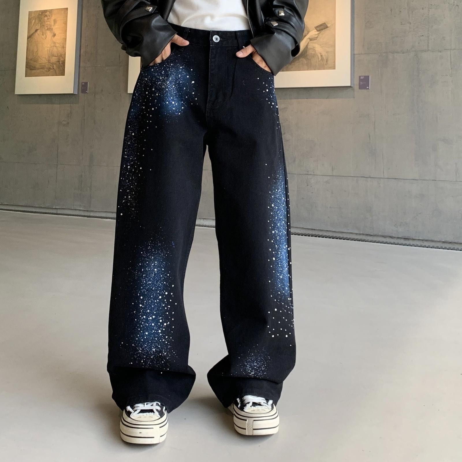 Japanese Brand Black Galaxy Print Wide Leg Jeans, Baggy Denim Pants Size US 32 / EU 48 - 1 Thumbnail