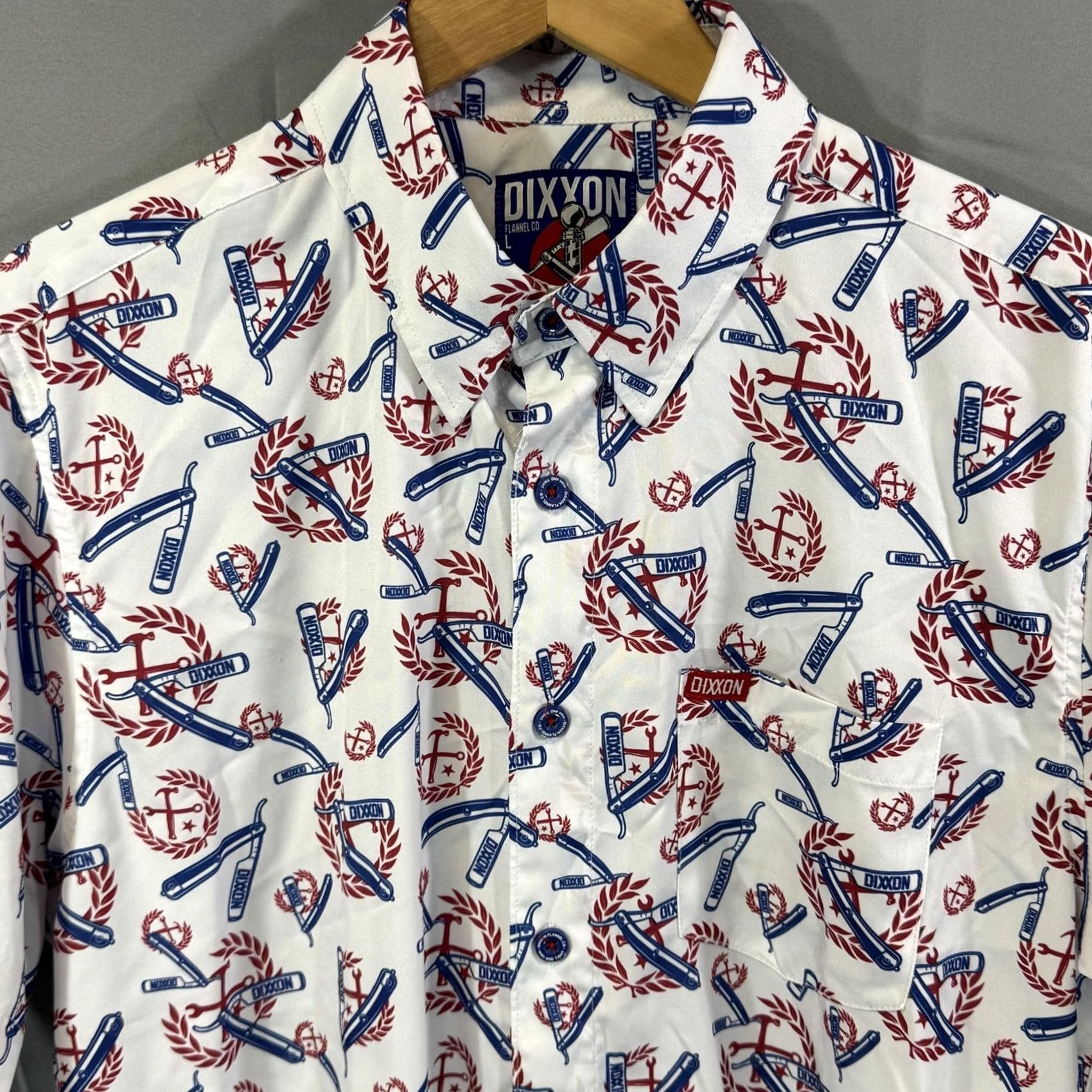 Vintage Dixxon Shirt Mens Large White Red Blue The High And Tight Barber Print Button Up Shirt (Vintage vibes) Size US L / EU 52-54 / 3 - 3 Thumbnail