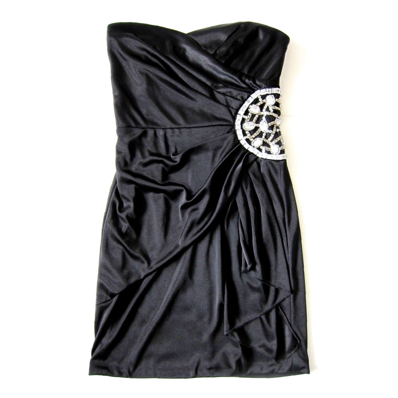 Vintage Teeze Me Black Satin Stretch Diamond Jewel Ruched Strapless Prom Party Dress M Womens Dress Size M / US 6-8 / IT 42-44 - 2 Thumbnail