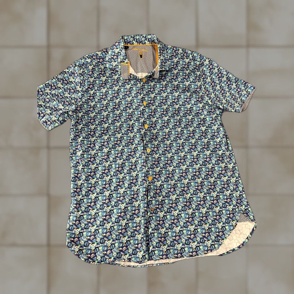 Luchiano Visconti Luchiano Visconti Blue Geometric Button-Up Shirt Mens Large Short Sleeve Collared Knit Cotton Front Button Size US L / EU 52-54 / 3 - 1 Thumbnail