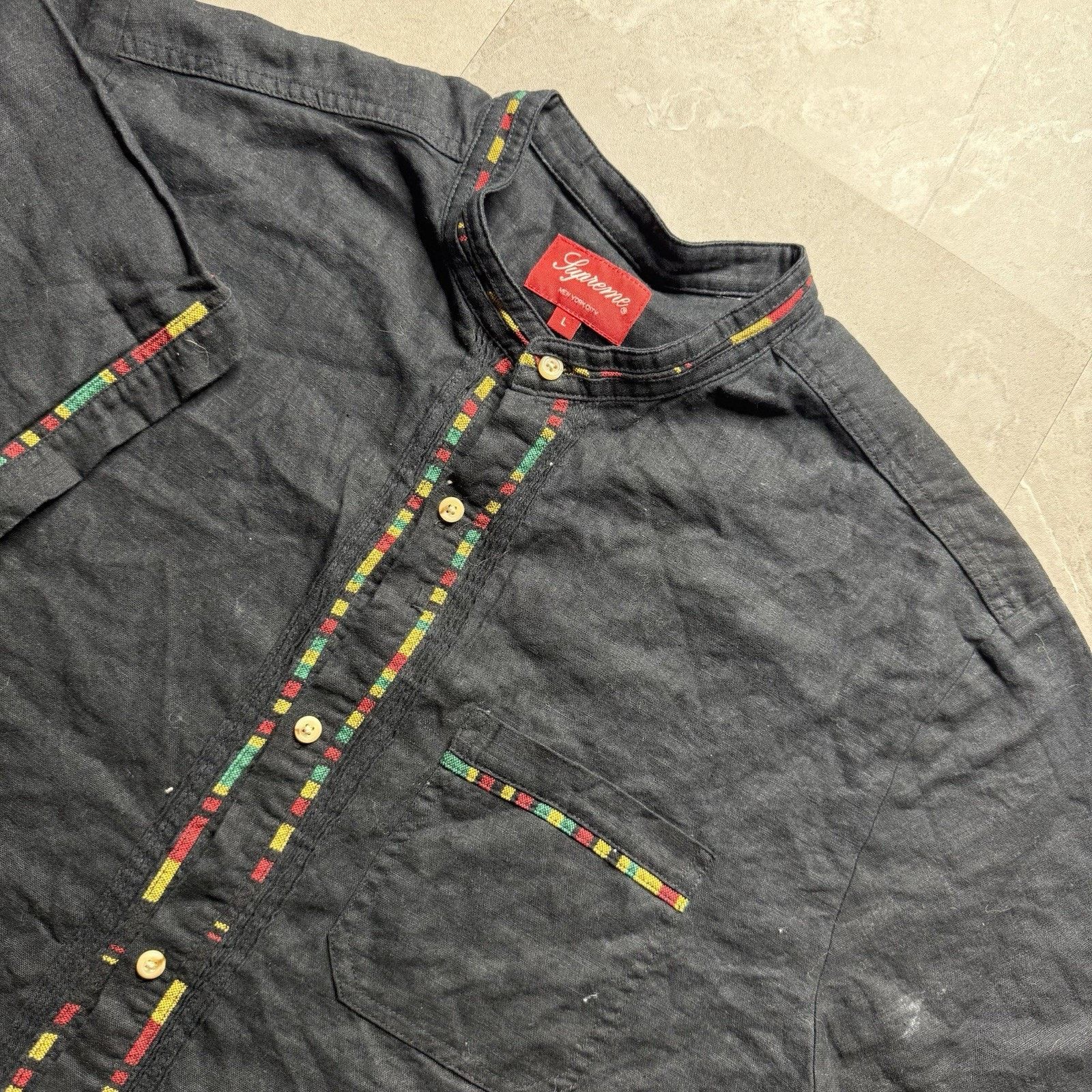SS18 Supreme Band Collar Shirt L Large Black Button Up