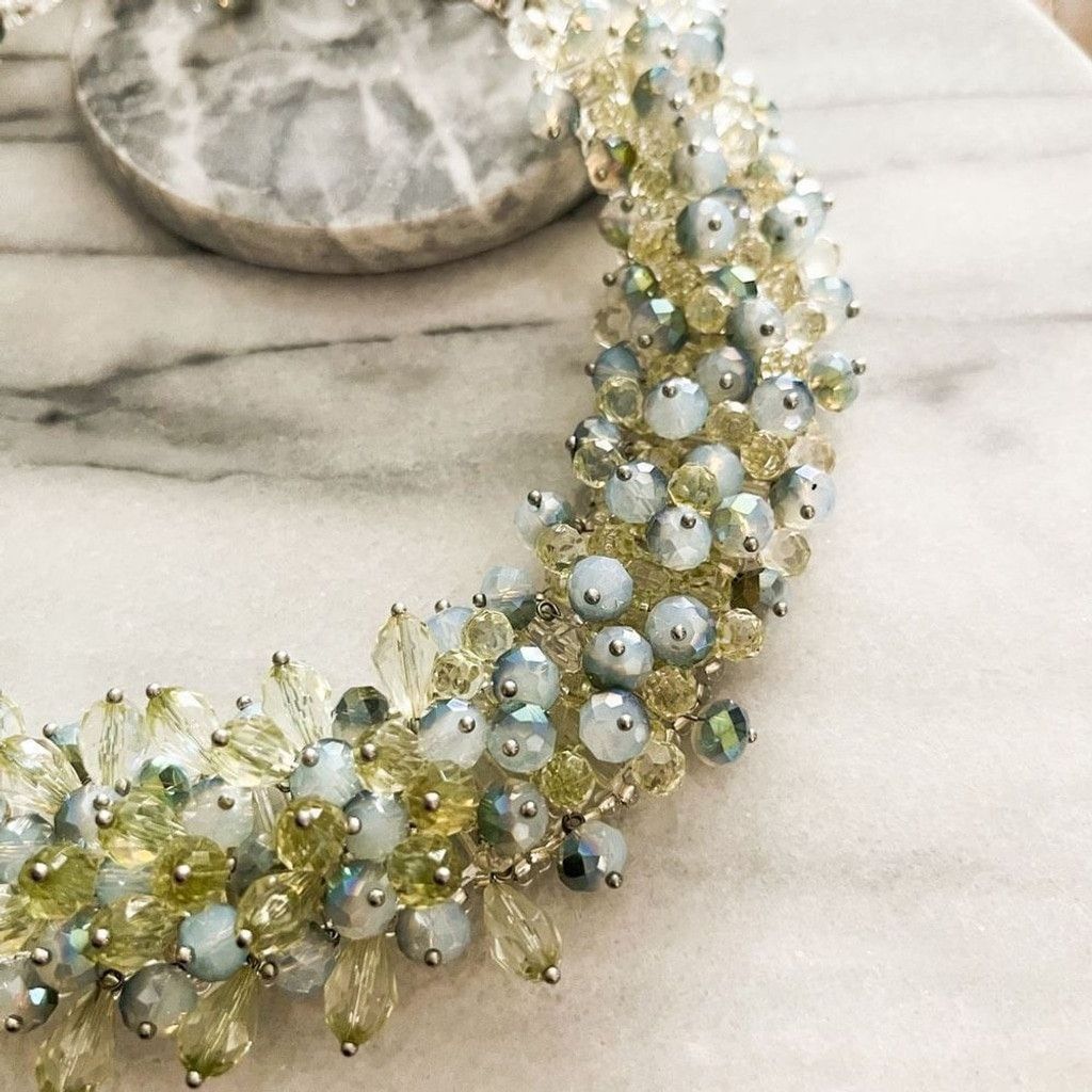 Vintage Art Glass Faceted Bead Cluster Collar Necklace Green Blue Size ONE SIZE - 5 Thumbnail