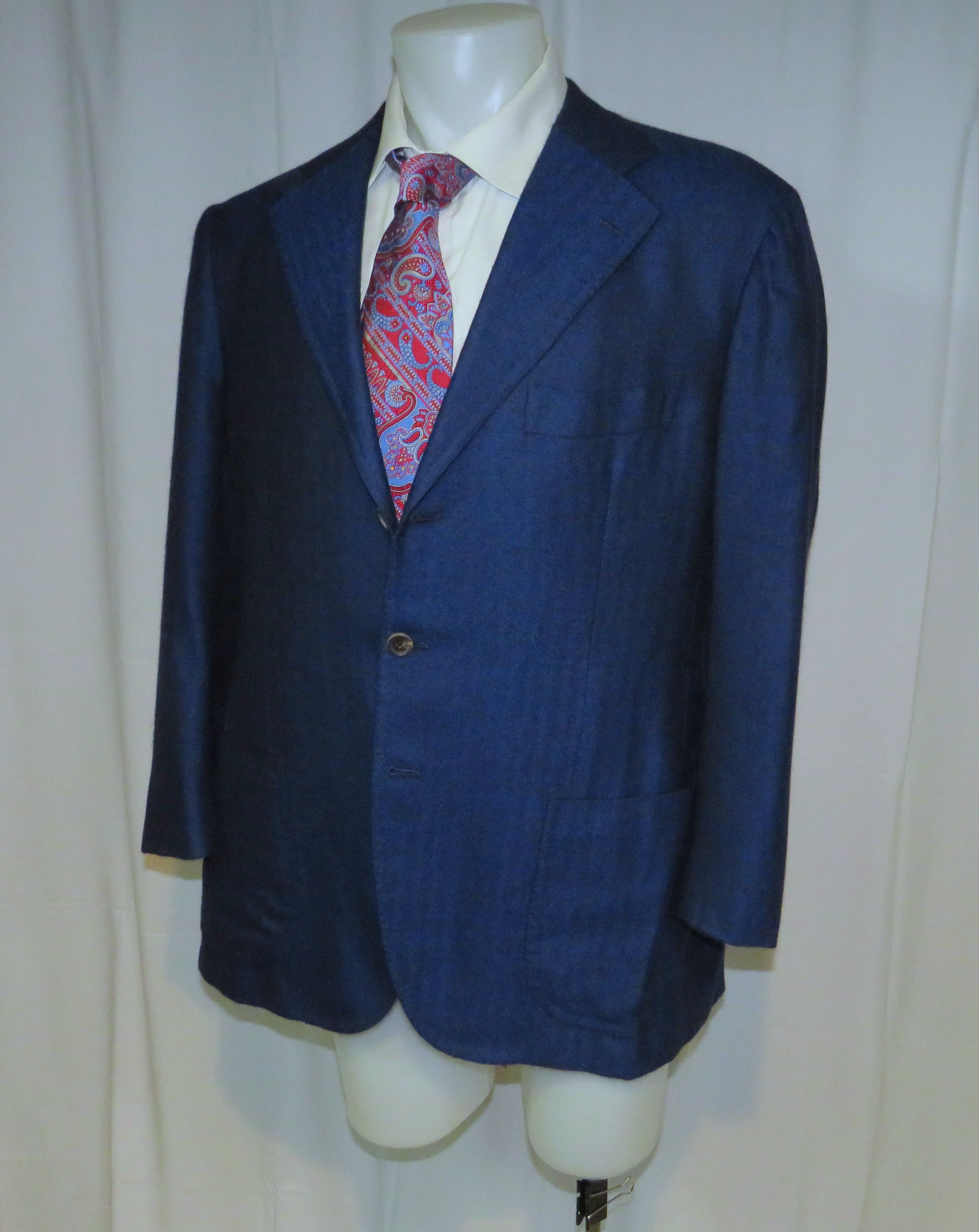Cesare Attolini 100% Cashmere Blue Herringbone Three Button Sport Coat 46R Size 46R - 6 Thumbnail