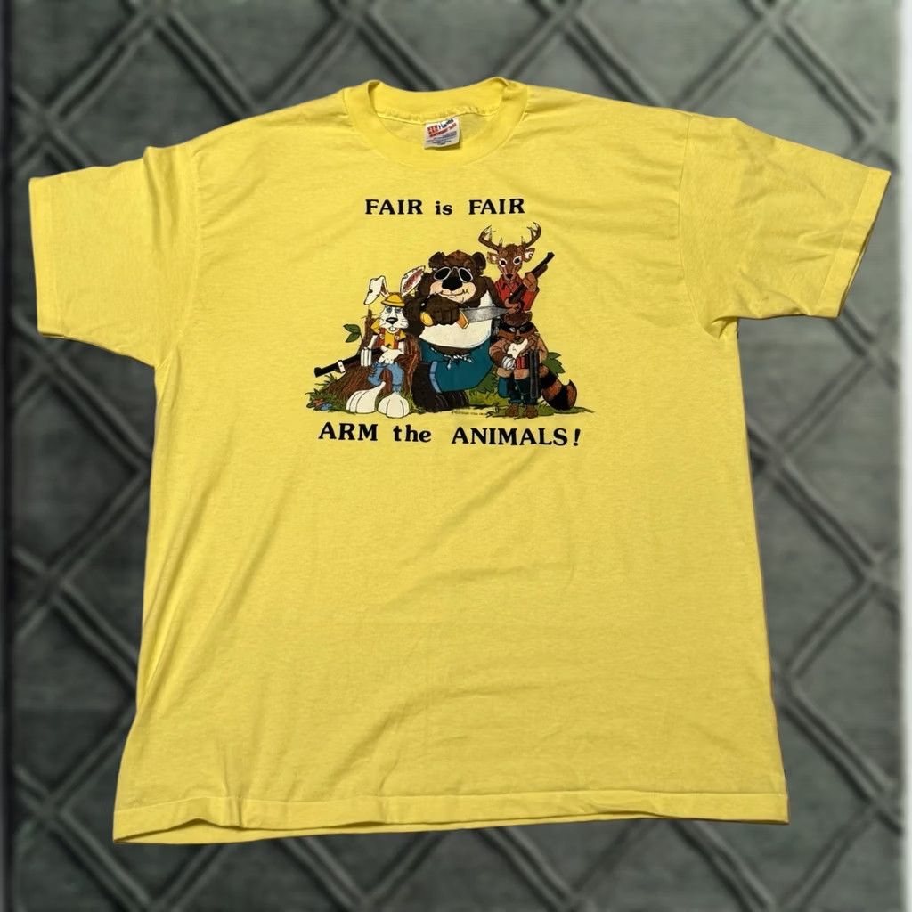 Hanes VINTAGE 90s Hanes Shirt XL Yellow Deer Bear Rabbit Hunting NRA PETA Cartoon Animals Graphic Print Crew Neck Short Sleeve Man Size US XL / EU 56 / 4 - 1 Thumbnail