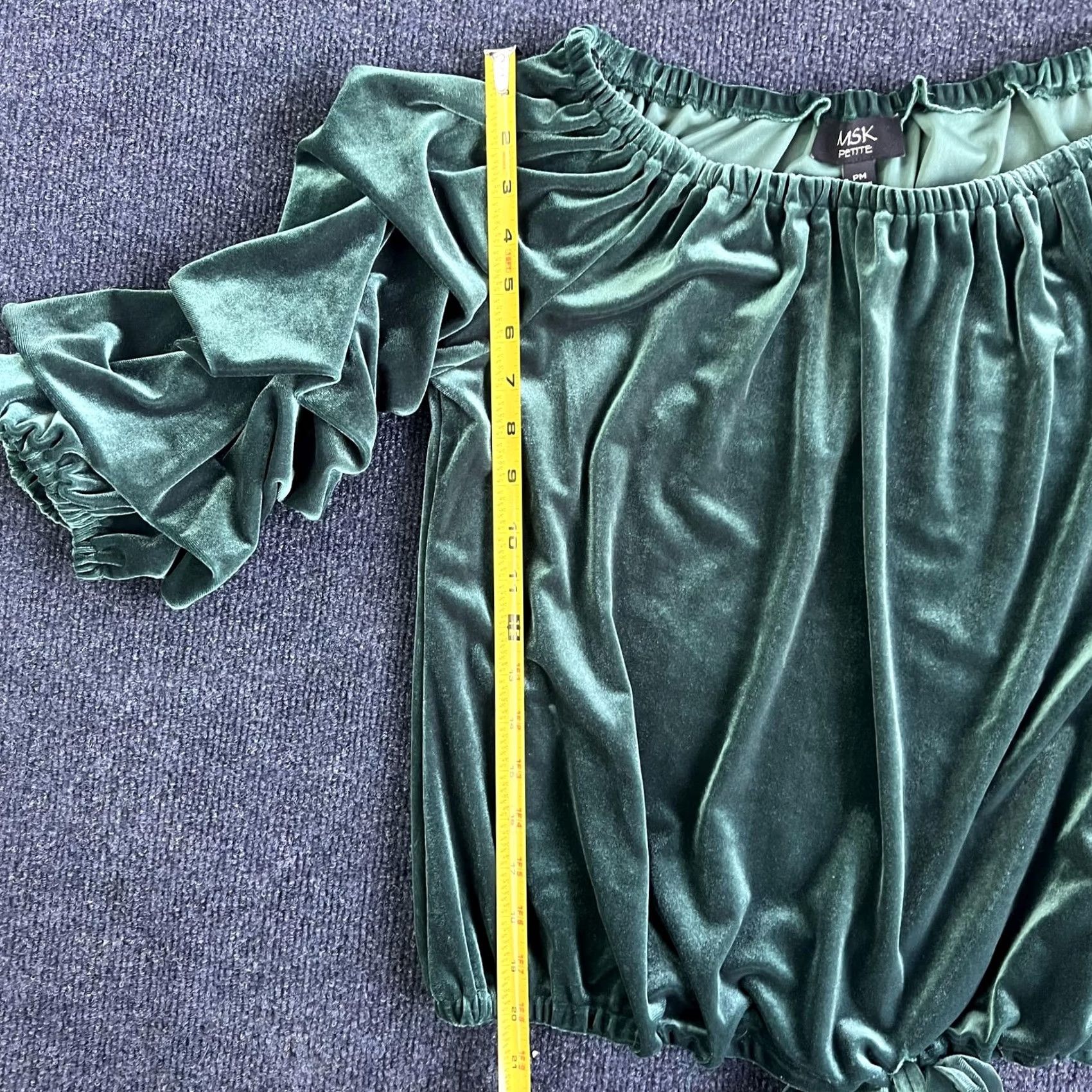 Vintage MSK Blouse Womens PM Petite Green Velvet Off Shoulder Ruffle Balloon Sleeve Top Size M / US 6-8 / IT 42-44 - 4 Thumbnail