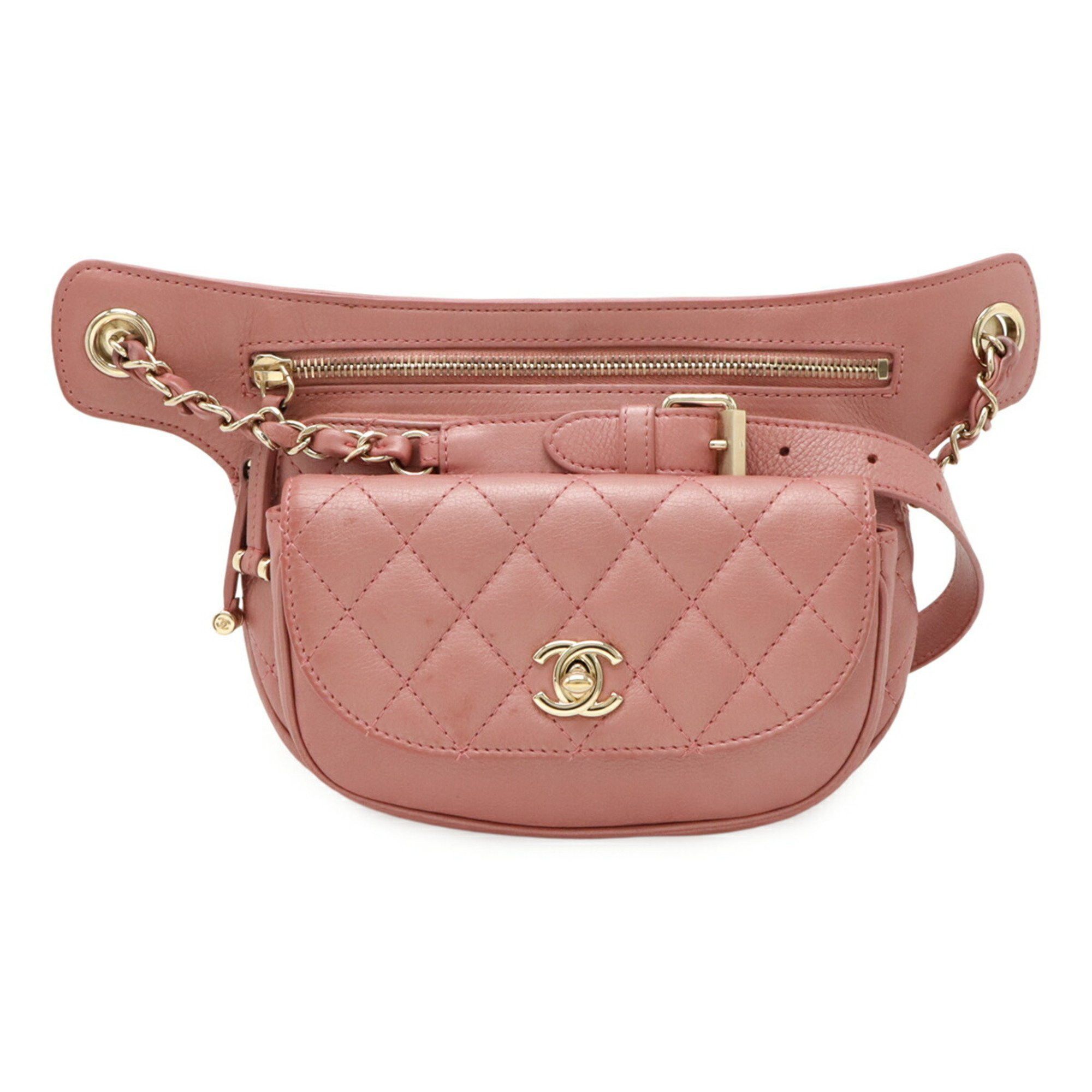 Chanel Chanel Matelasse Coco Mark Belt Bag Body Waist Pouch Chain Shoulder Leather Pink Size ONE SIZE - 1 Thumbnail