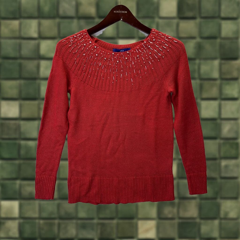 Apt. 9 Apt. 9 Women’s XS Red Silver Beaded Collar Knit Sweater NWT Party/Holiday Pullover, Collared, Long Sleeve, Tight-Knit, Knitwear, Fall Winter, Womens Size XS / US 0-2 / IT 36-38 - 1 Thumbnail