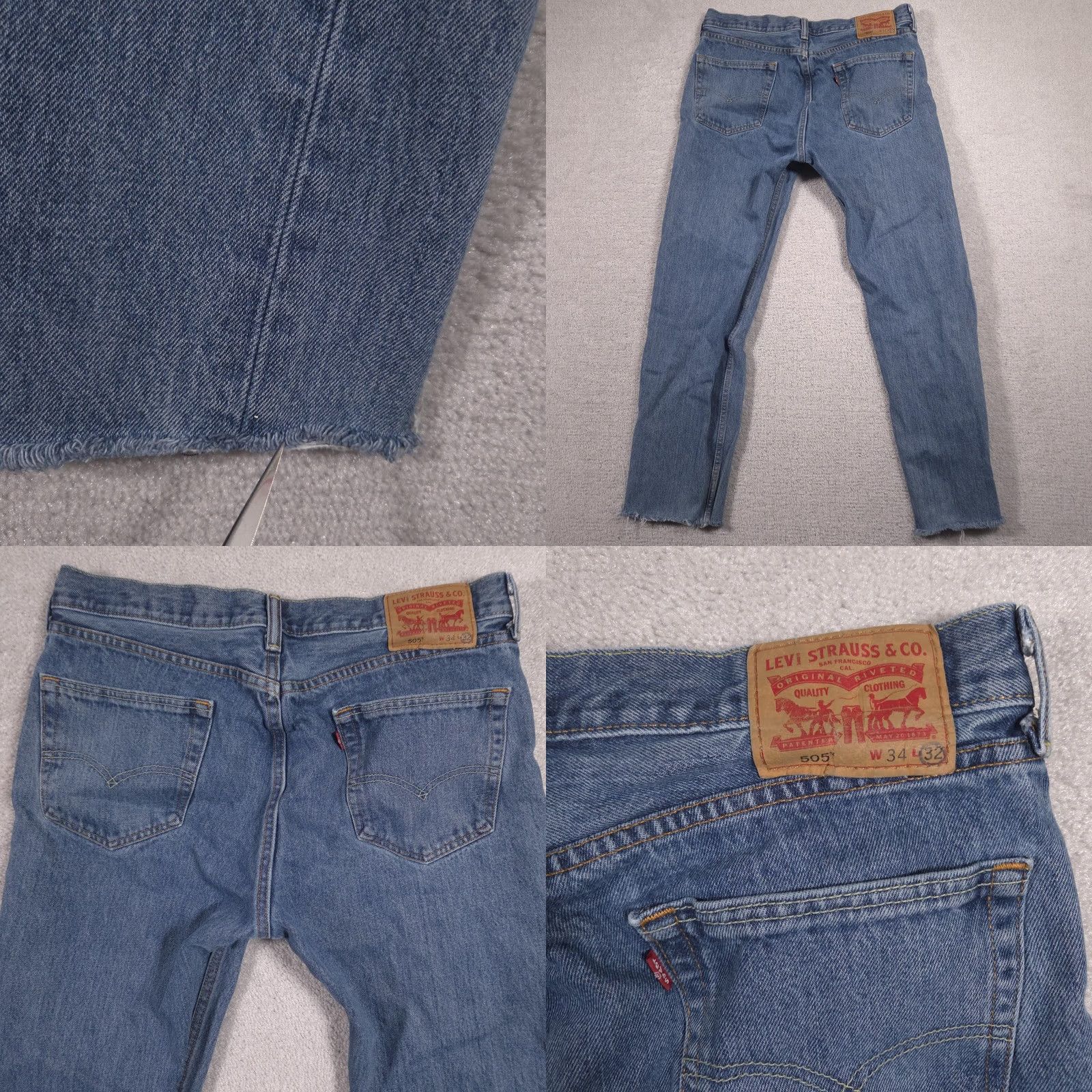 Levi's Levi's 505 Jeans Mens 34x30 Blue Denim Straight Leg Cropped Raw Hem Distressed Cotton Regular Inseam 30in Zip Button Pockets Vintage No Mens Jeans Size US 34 / EU 50 - 10 Thumbnail