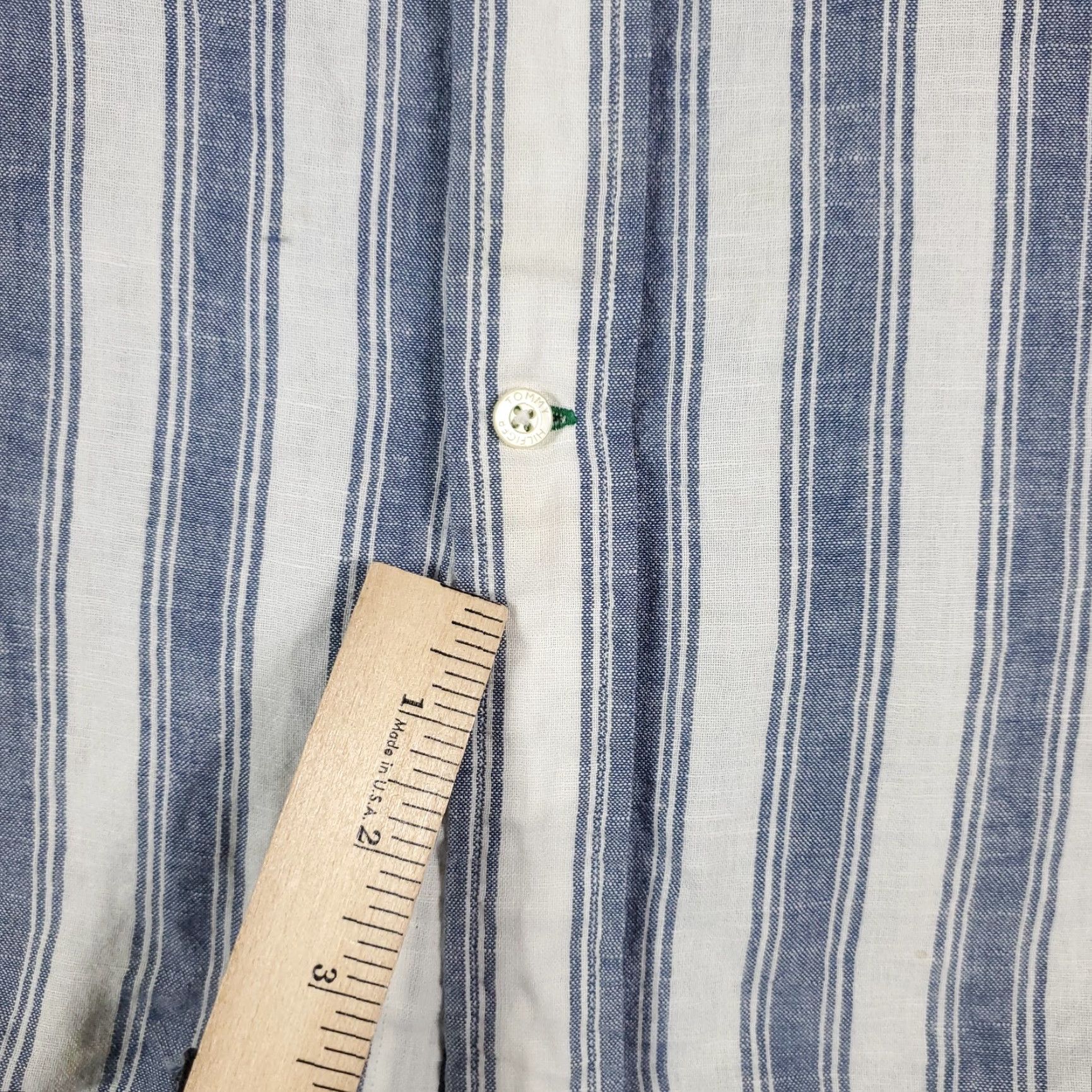 Tommy Hilfiger VINTAGE Tommy Hilfiger Shirt Mens Medium Blue Striped Button-Up Short Sleeve STAINED - Cotton, Classic, Preppy, TH Logo, 90s Era Mens Shirt Size US M / EU 48-50 / 2 - 4 Thumbnail