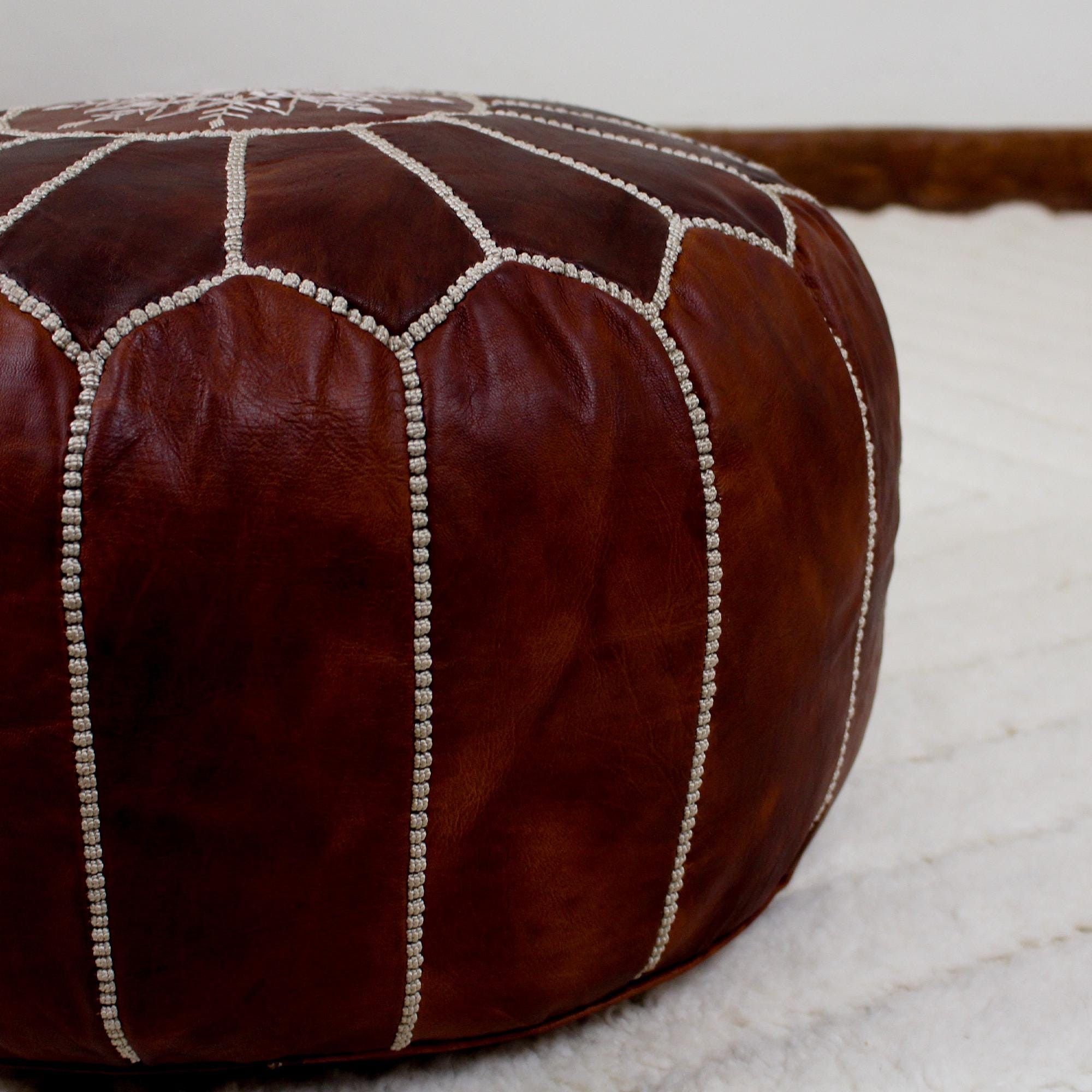 Leather × Vintage Round Handmade Leather Dark Brown Pouf Size ONE SIZE - 6 Thumbnail