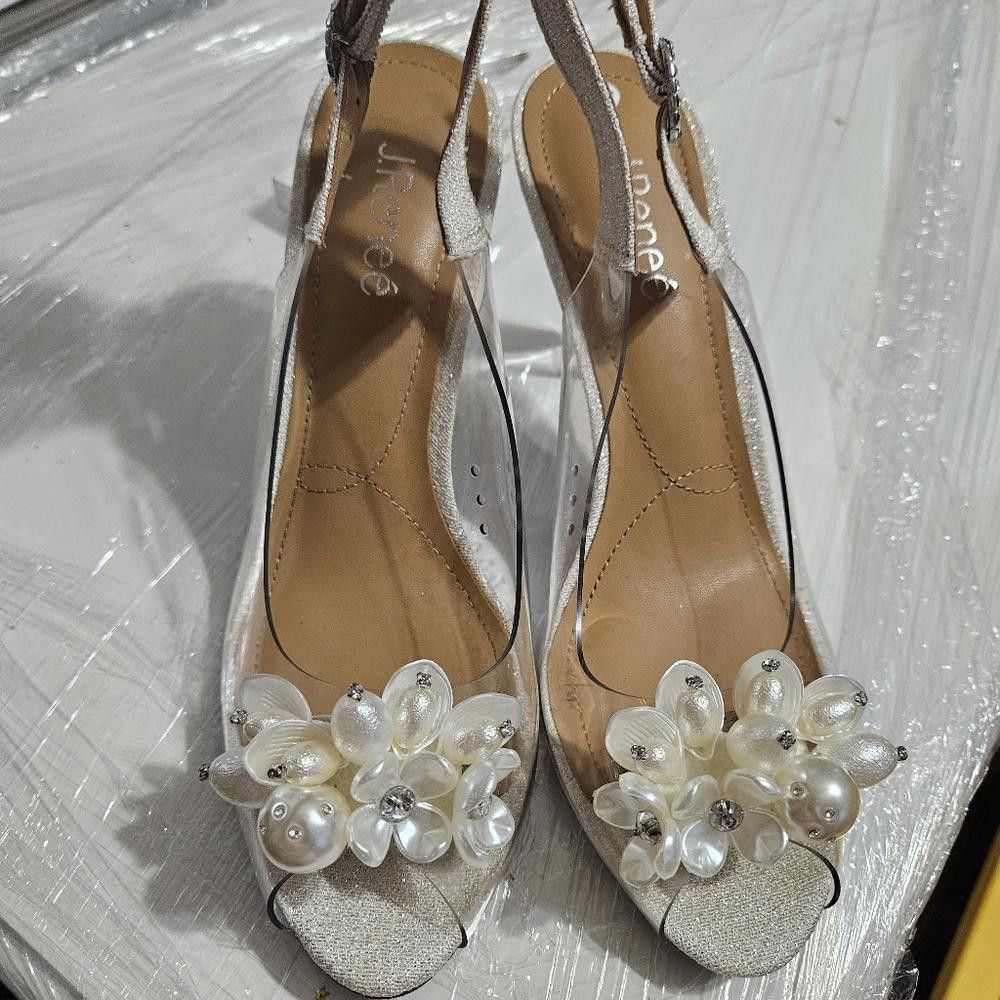 Designer J.Renee Drisana Clear Ivory Slingback Heels w/ Pearl Detail Size US 9.5 / IT 39.5 - 8 Thumbnail