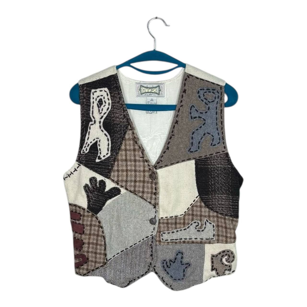 Handmade Vintage HYPE Patchwork Wool Vest L 90s Boho Art to Wear VG Size US L / EU 52-54 / 3 - 1 Thumbnail