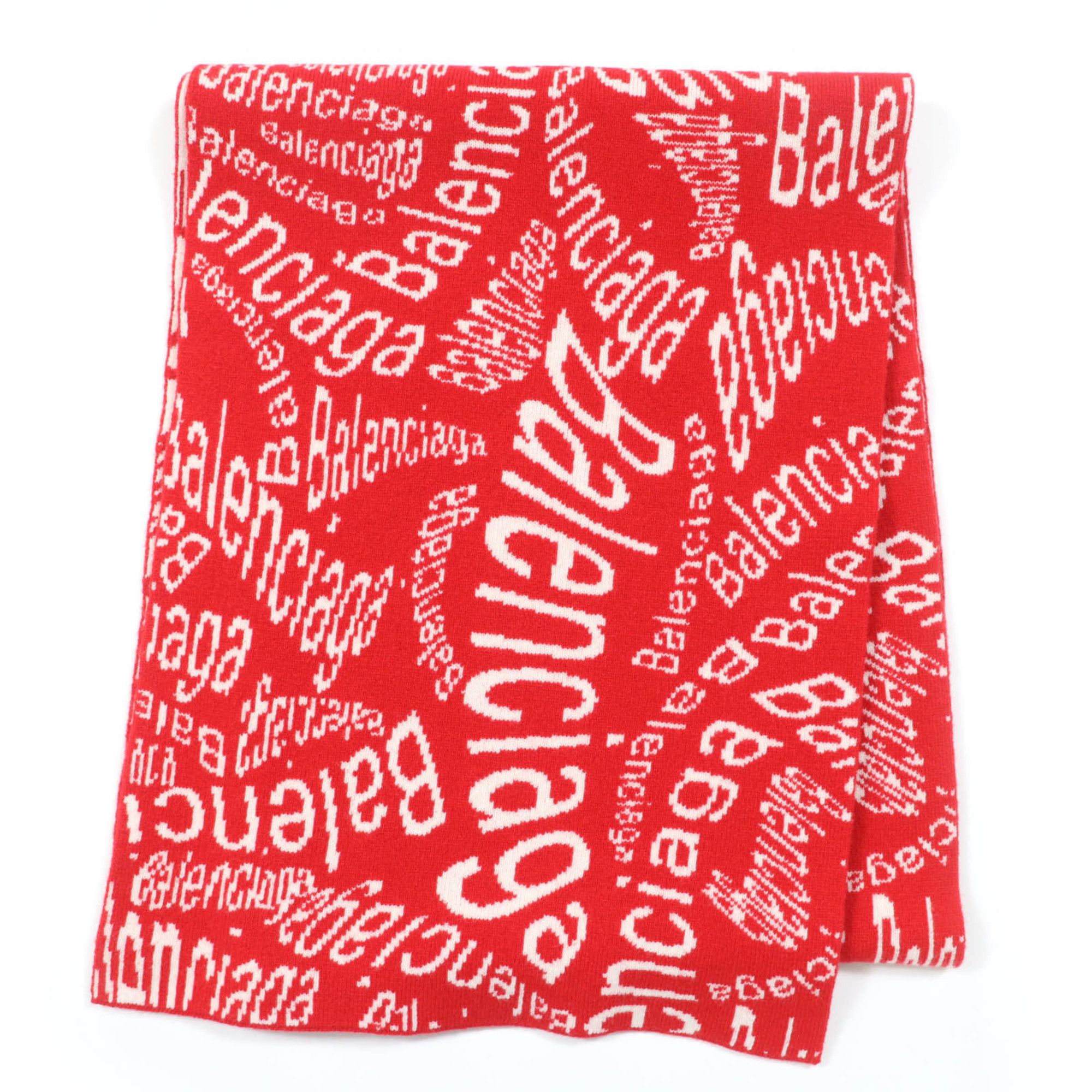 Balenciaga BALENCIAGA 583121 Virgin Wool Logo Print Large Shawl Scarf, Red and Ivory, Size S, Made in Italy, Authentic, Women's Size ONE SIZE - 1 Thumbnail