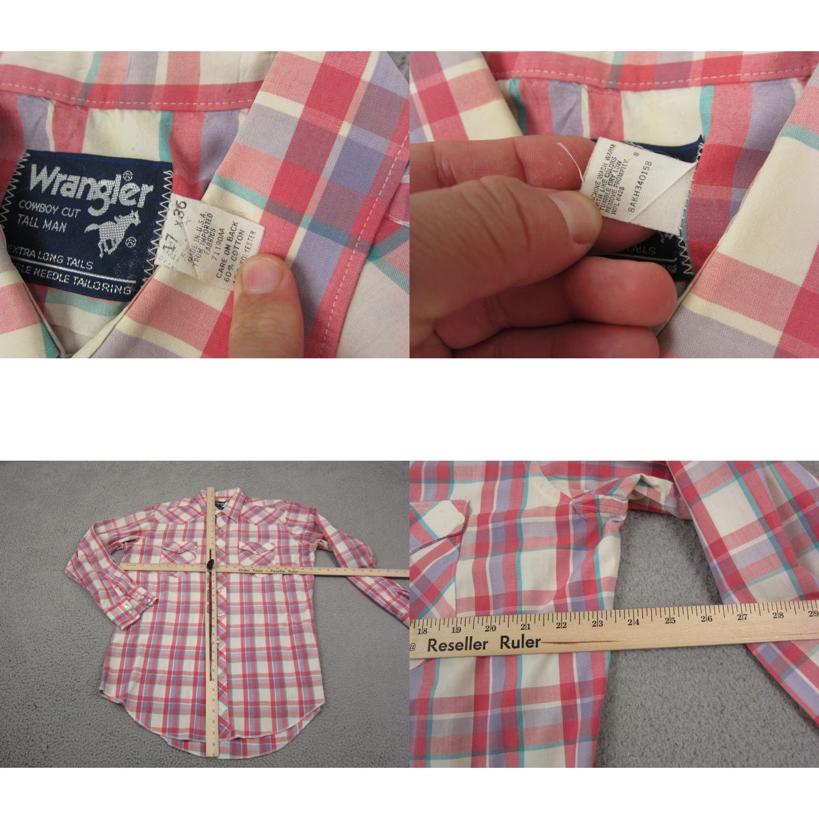 Wrangler Vintage Wrangler Shirt Mens 17 Pink Plaid 80s USA Made Button-Up Cotton Canvas Long Sleeve Western Casual Size US XL / EU 56 / 4 - 8 Thumbnail