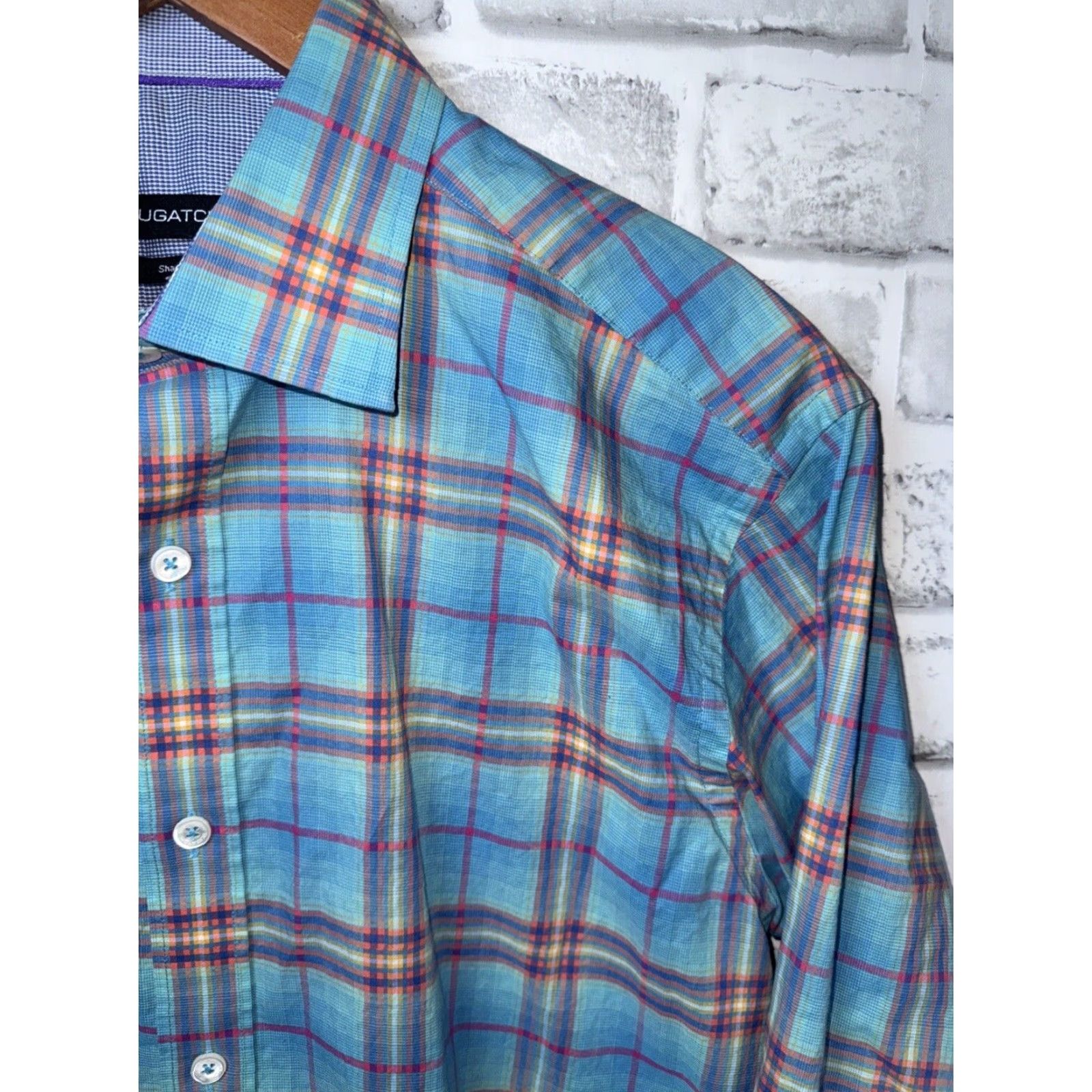 BUGATCHI Bugatchi Plaid Shaped Fit Button Down Mens Dress Shirt Blue Multi Color M Size 40R - 3 Thumbnail