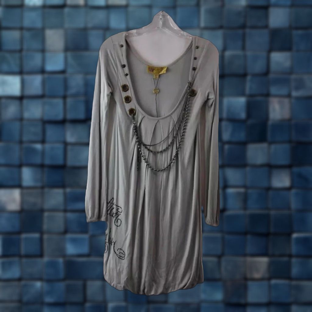 Vintage VINTAGE Women's Christian Audigier Dress XS Gray Beaded Knee Length Fit & Flare Graphic Women Size XS / US 0-2 / IT 36-38 - 1 Thumbnail
