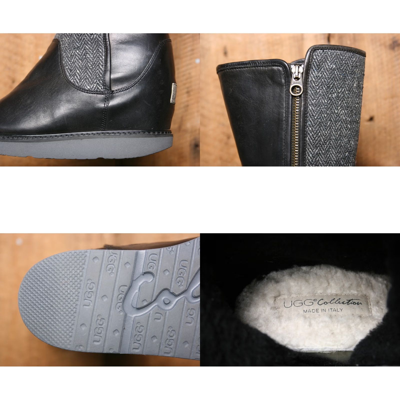 Ugg UGG Black Leather & Herringbone Wool Fur Lined Boots High Heel Wedge Sz. 8 Womens Mid-Calf Zip Leather Wool Shearling Style Size US 7 / IT 37 - 8 Thumbnail